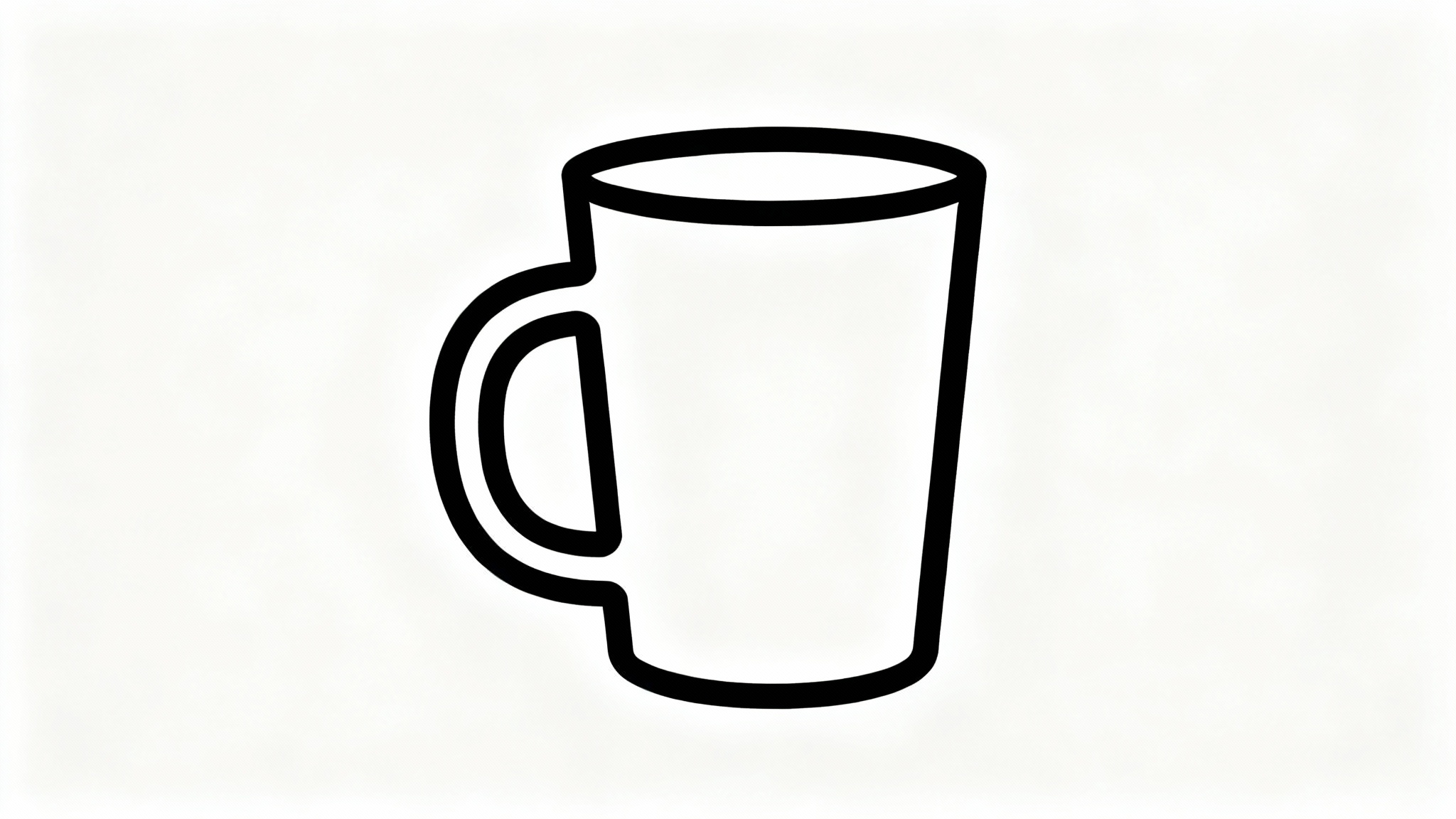 A minimalist black outline of a coffee mug, depicted in a clean, graphic style on a solid white background.