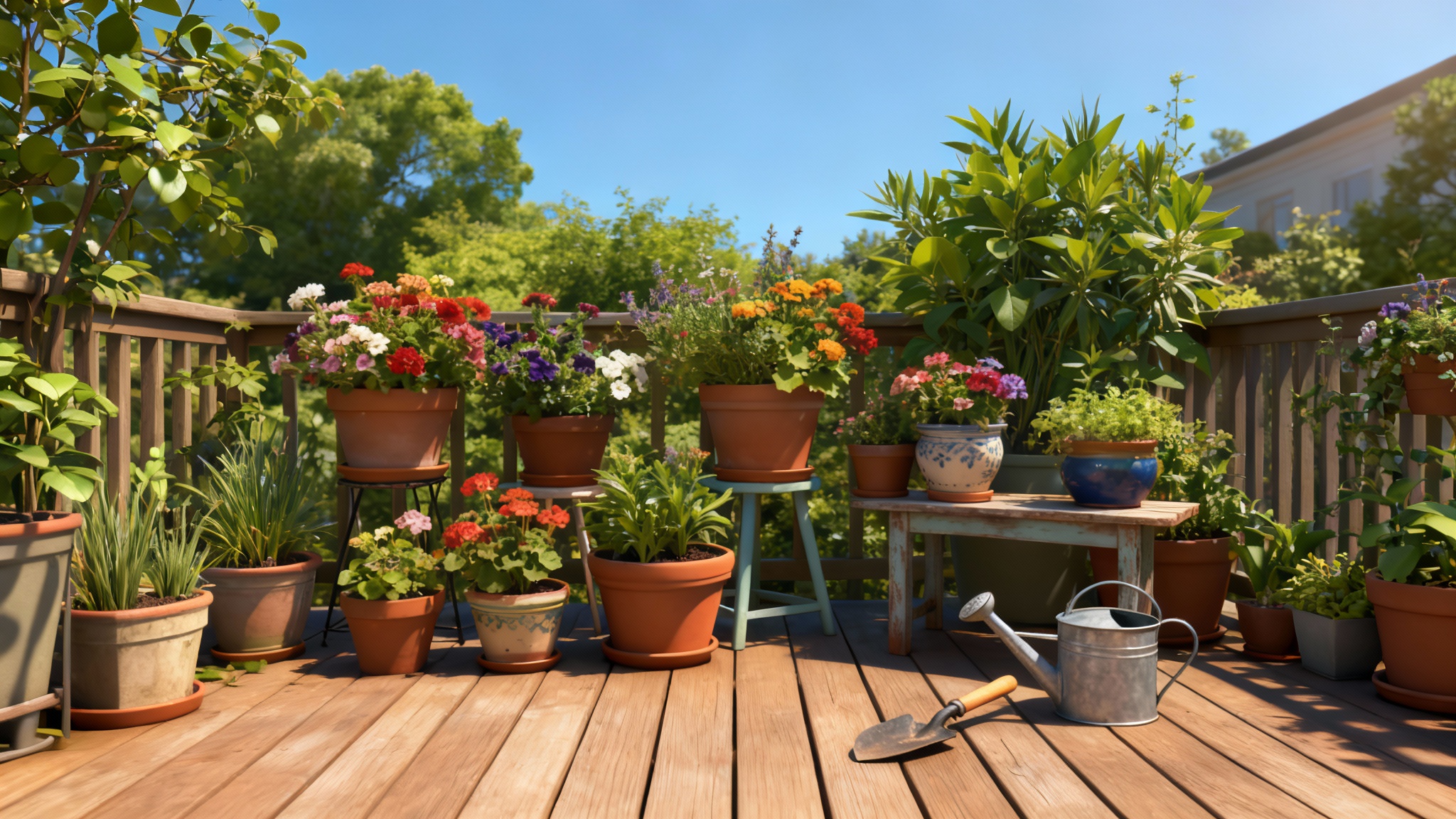 A beautiful 3D render showing a professionally designed container garden layout on a sunlit patio deck, created as the final output from a design tool.