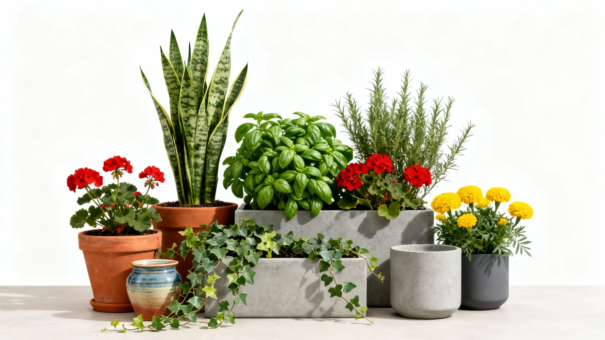 A beautifully arranged container garden with various plants like ferns, flowers, and herbs in terracotta and ceramic pots, displayed against a clean white background.