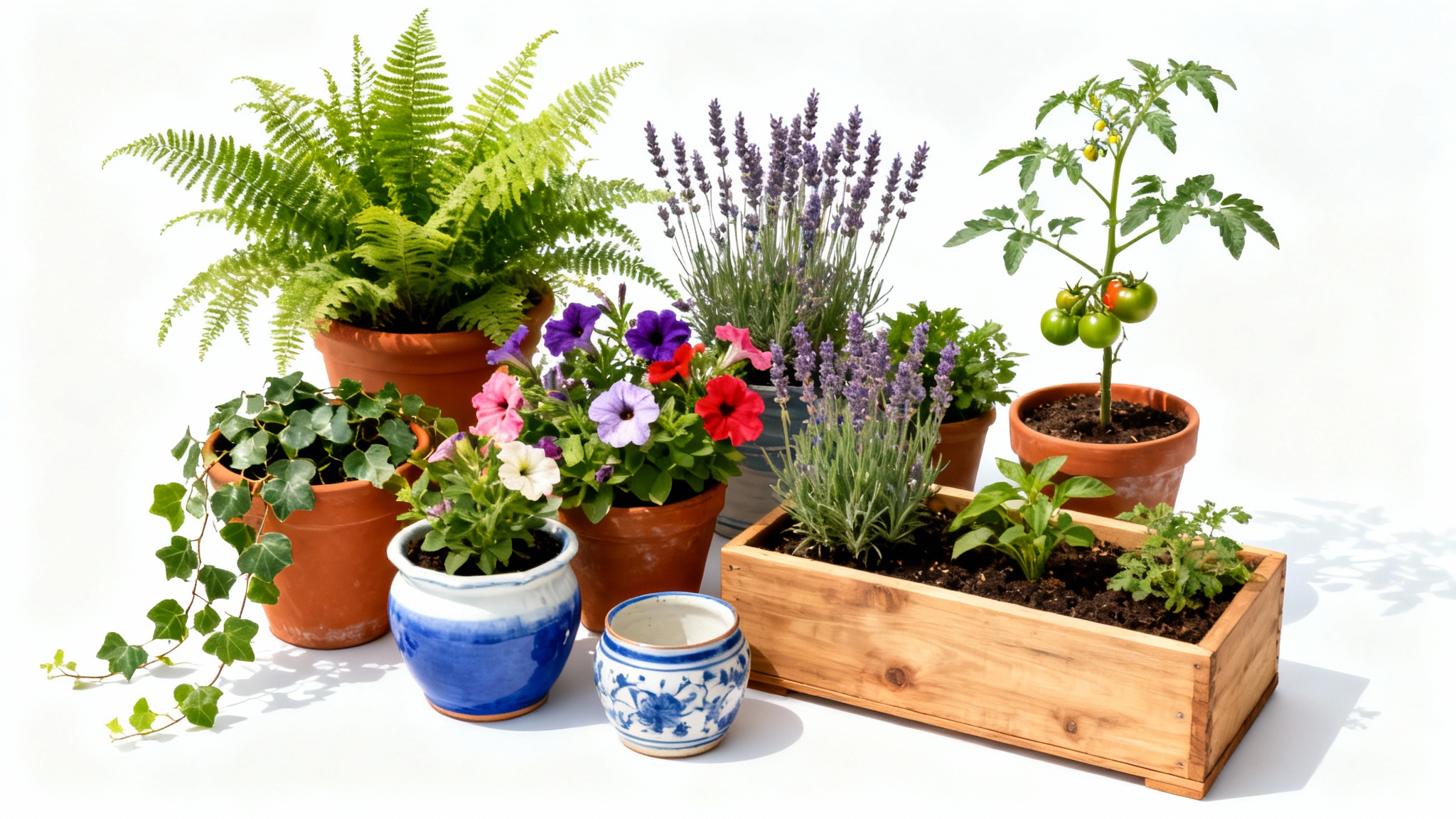 A bird's-eye view of a well-designed container garden layout, showcasing a variety of plants in different pots against a plain white background.