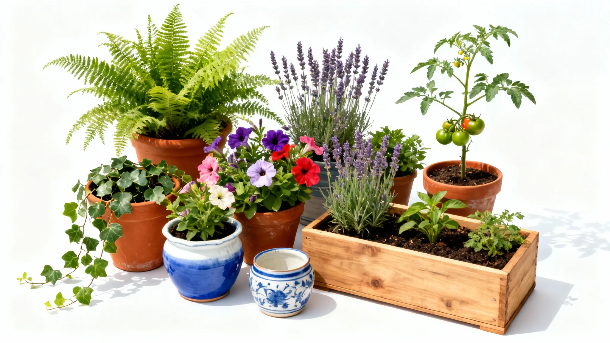 A bird's-eye view of a well-designed container garden layout, showcasing a variety of plants in different pots against a plain white background.