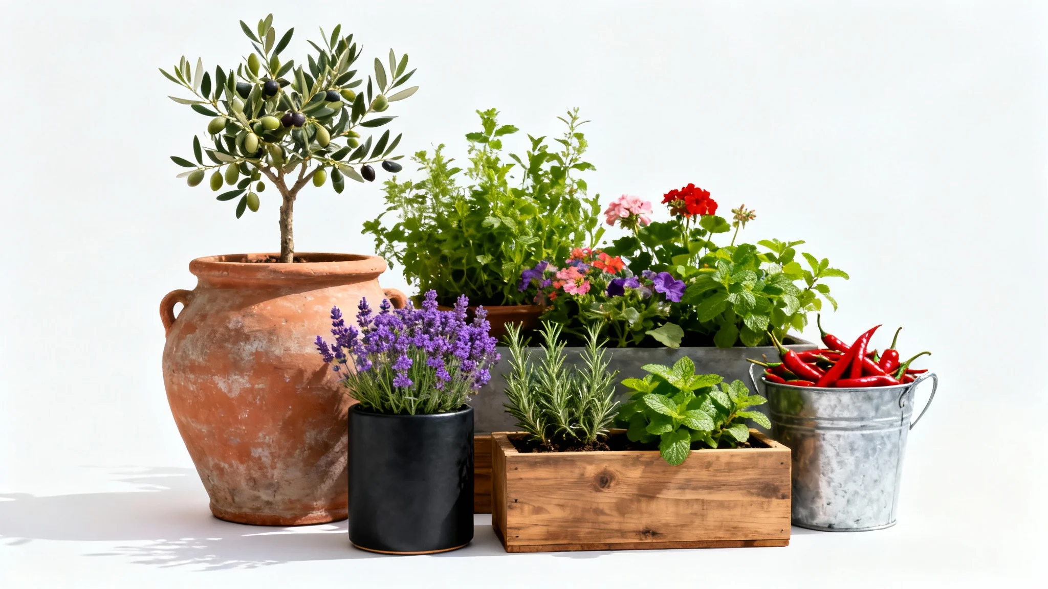 An artfully arranged container garden layout featuring various plants like an olive tree, verbena, and herbs in terracotta, ceramic, and wooden planters, all set against a clean white background.