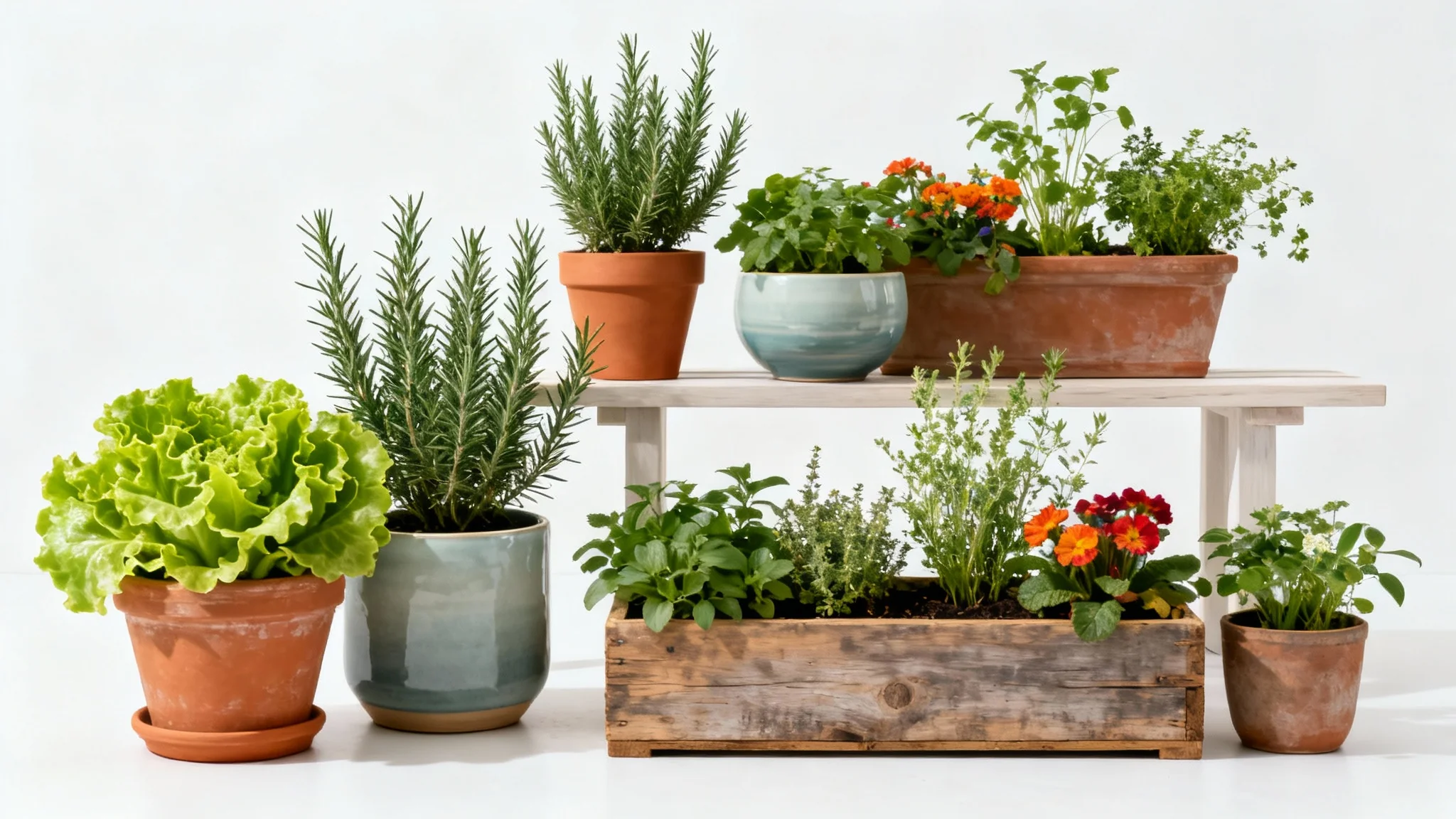 A variety of pots and planters with lush green plants and flowers, arranged in an aesthetically pleasing layout against a plain white background, illustrating a container garden design.
