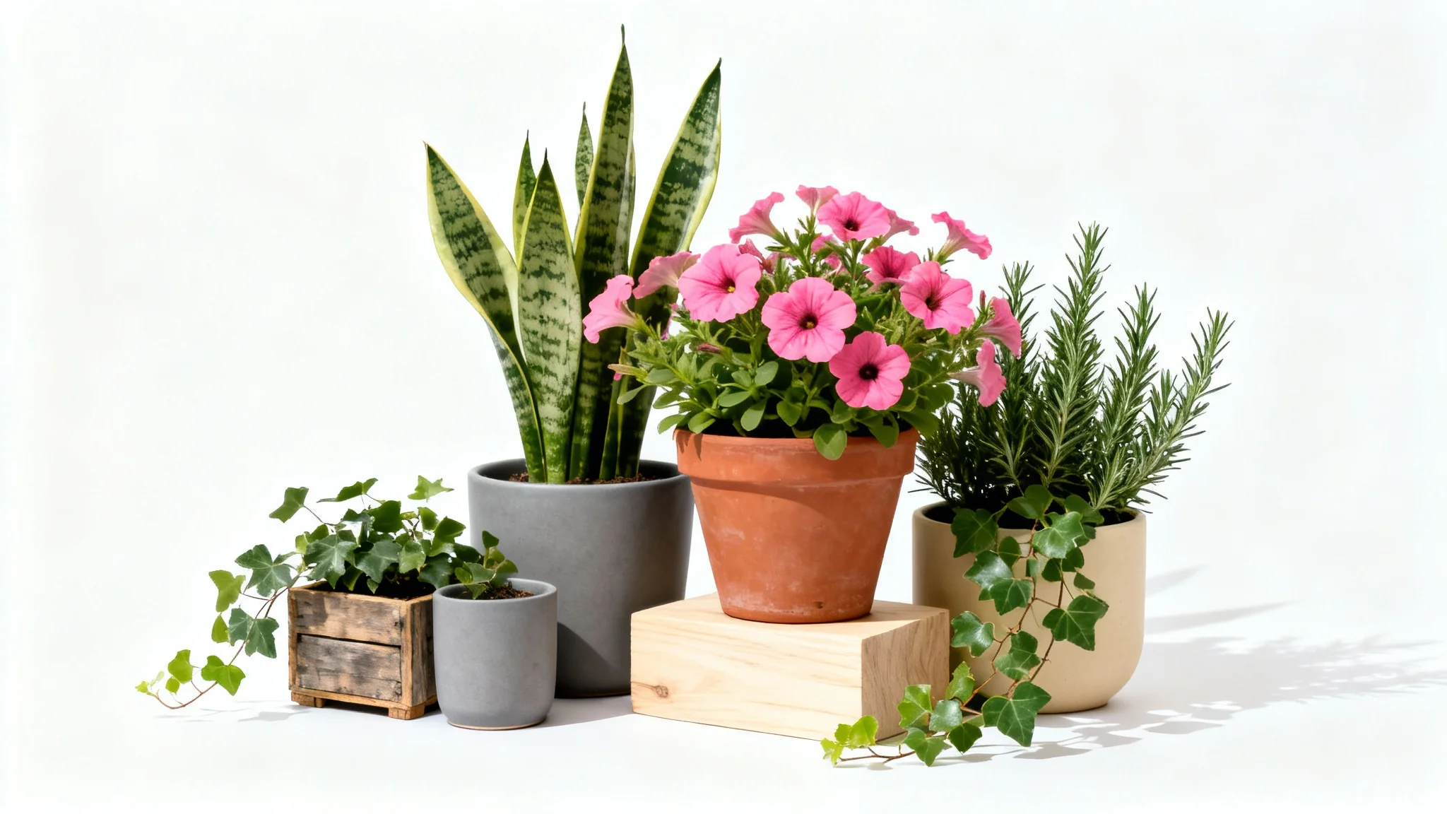 A photorealistic mockup of a container garden layout, featuring various plants like a snake plant, petunias, and rosemary in modern ceramic, terracotta, and wooden pots, arranged artfully on a pure white background.