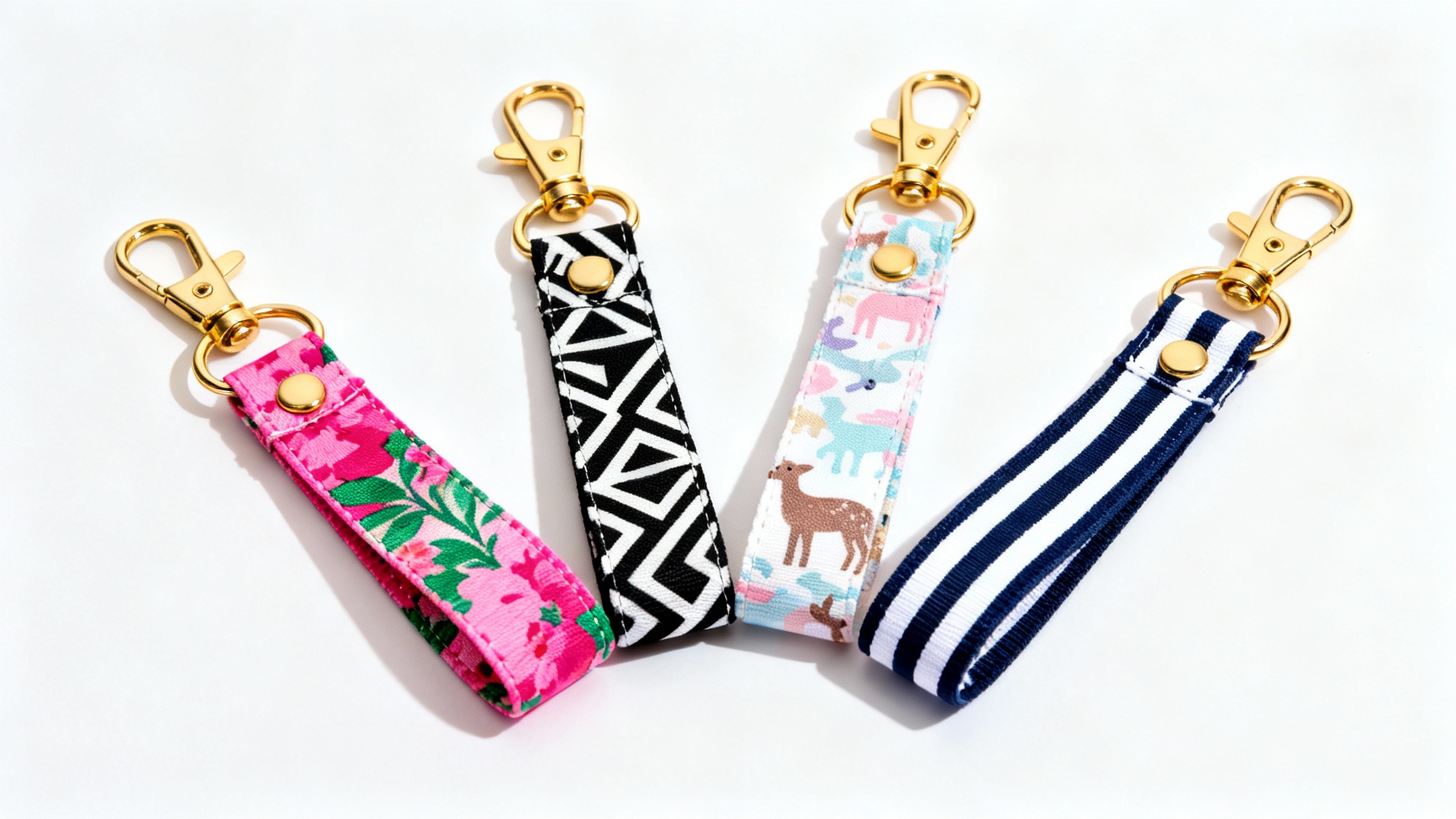 A beautifully arranged collection of four fabric wristlet key fobs in a fan shape, each with a unique pattern—floral, geometric, animal print, and striped—and shiny gold hardware, on a neutral background.