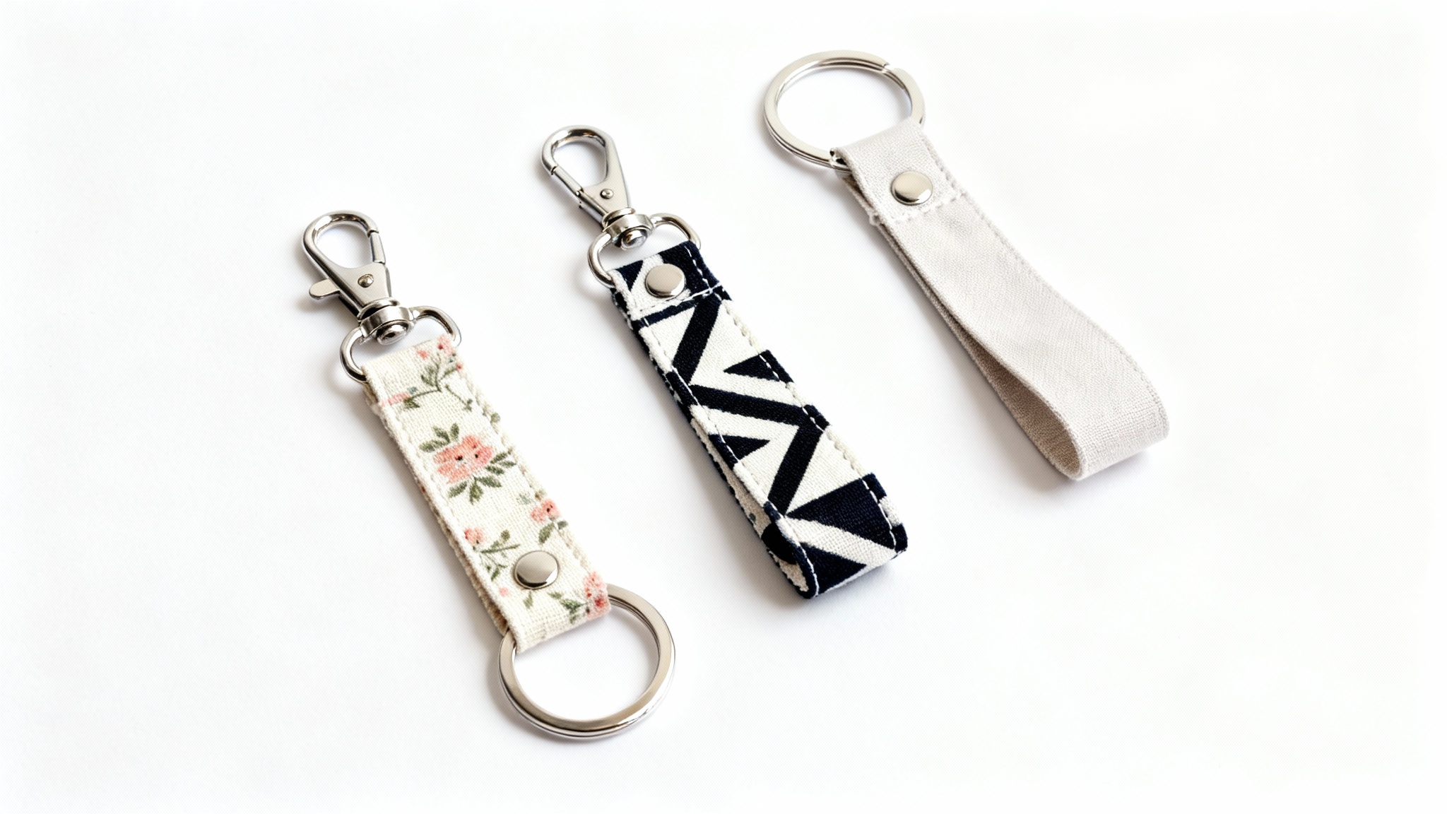 Three handmade fabric wristlet key fobs with floral, geometric, and solid color patterns, shown with shiny metal hardware on a white background.