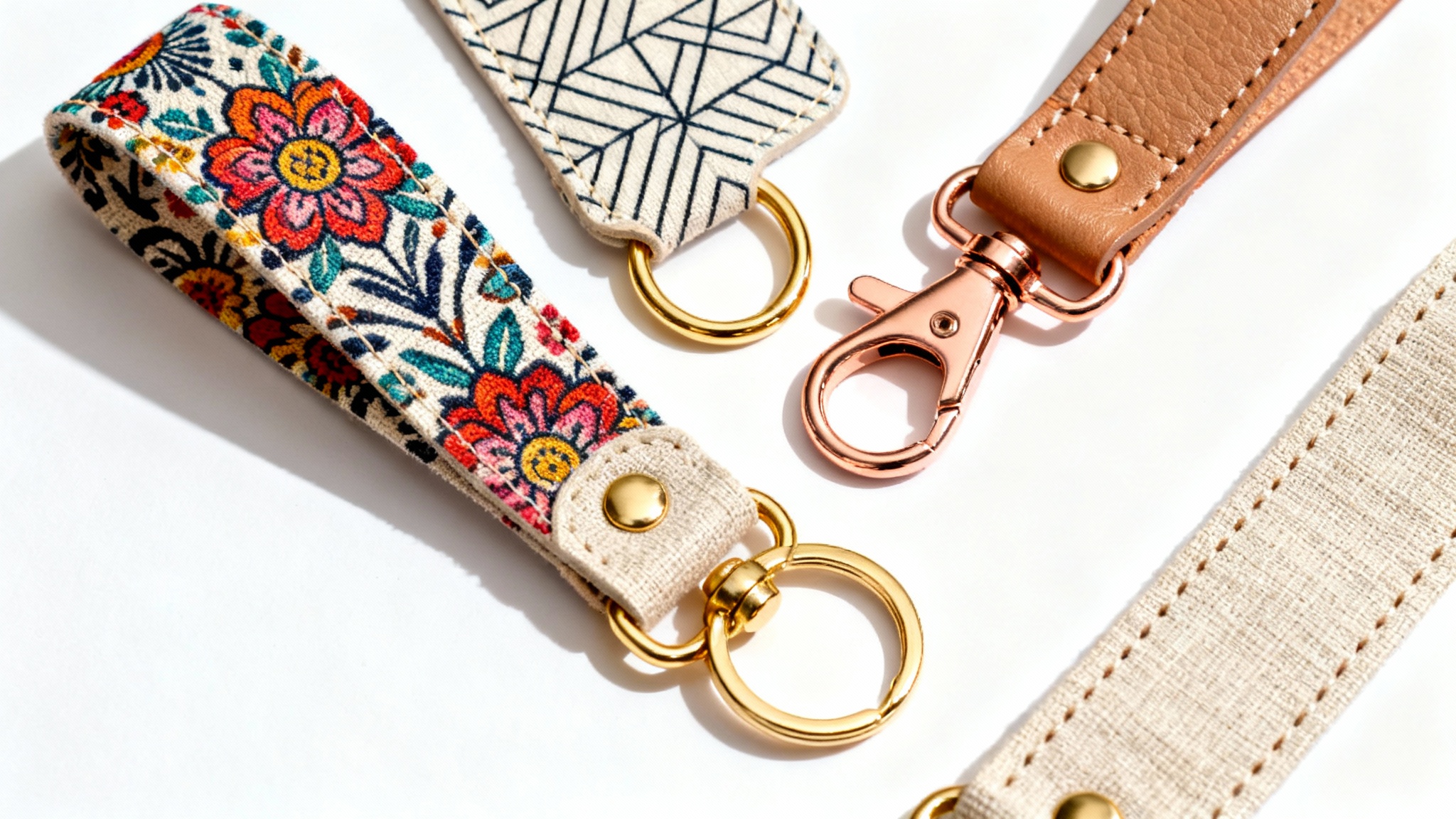 A flat lay photograph of several stylish, handmade wristlet key fobs made from different patterned and textured fabrics, displayed neatly on a clean white background.