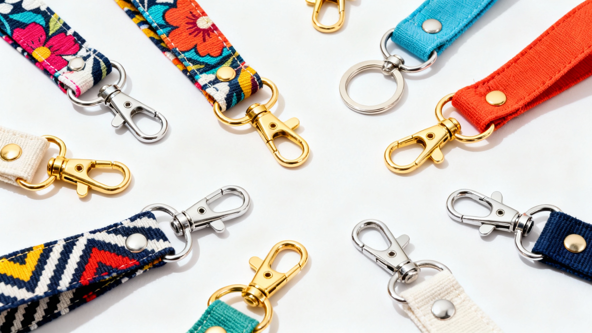 A collection of colorful, patterned fabric wristlet key fobs with metal hardware, displayed neatly against a white background.