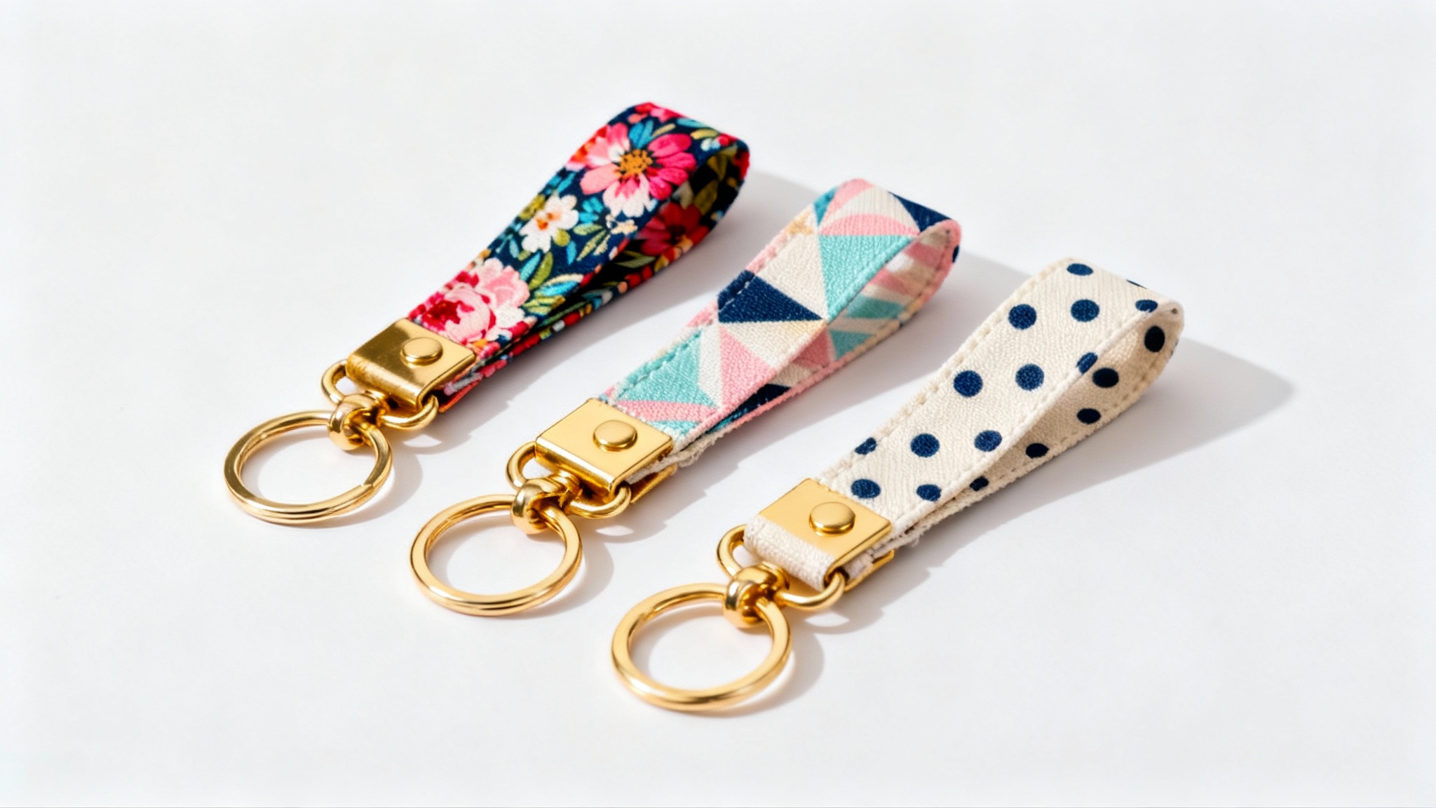 Three colorful fabric wristlet key fobs with floral, geometric, and polka dot patterns are displayed in a row against a plain white background, each with a gold key ring attached.