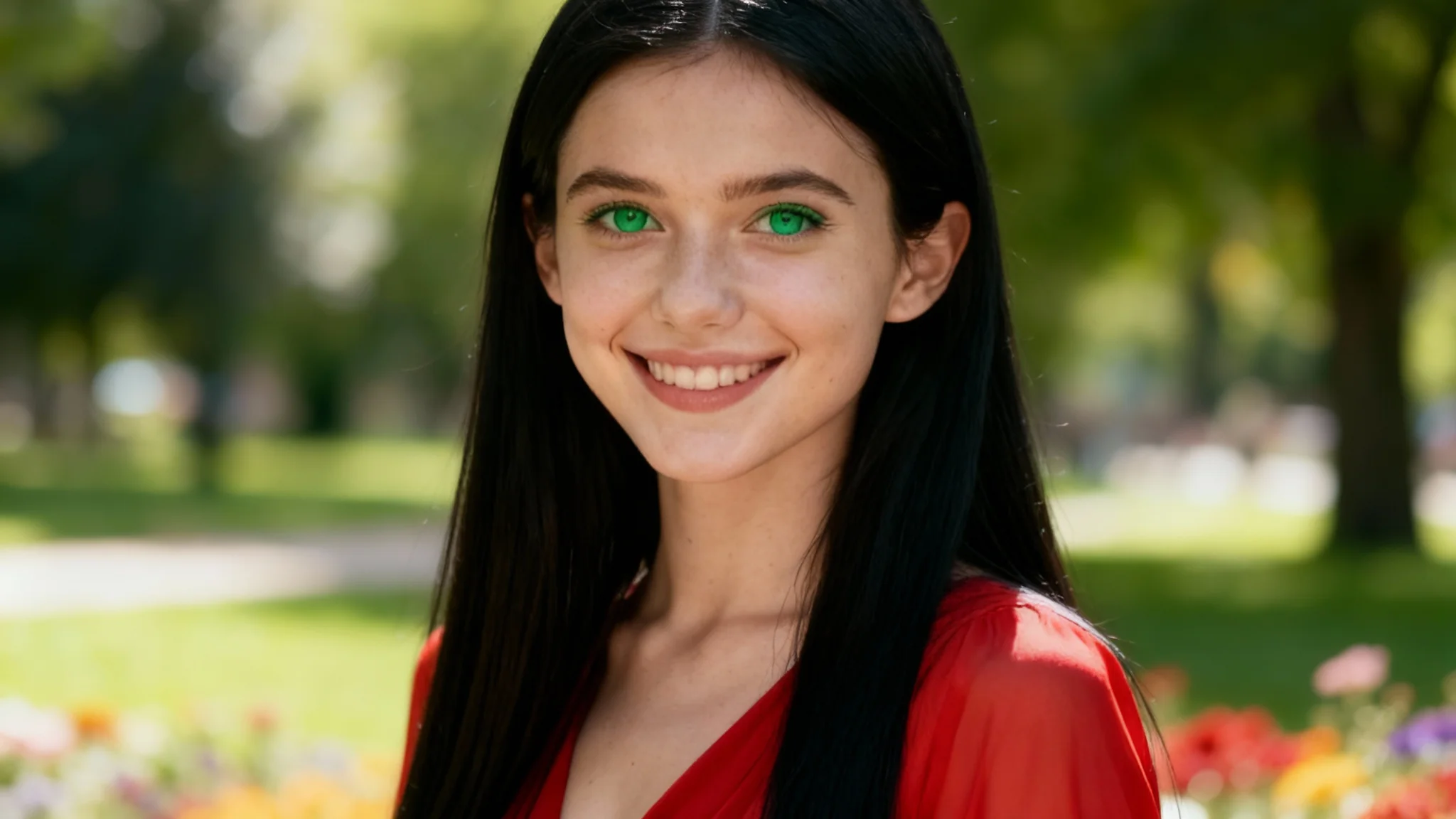 A professional photograph of a young woman with black hair and green eyes in a red dress, looking directly at the camera with a warm smile in a sunlit park. This image demonstrates the result of an eye contact correction feature.
