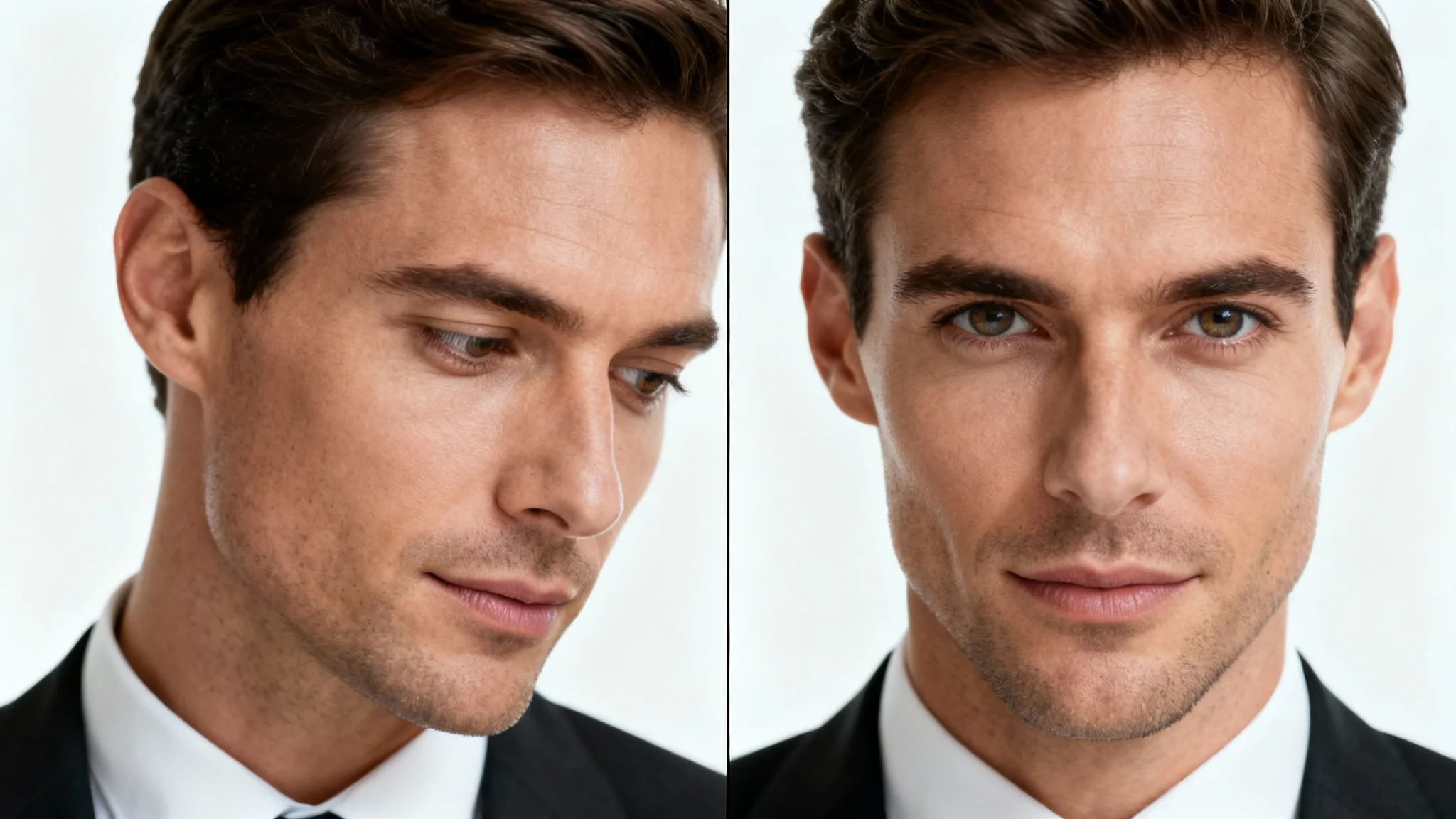 A before-and-after split image showing eye contact correction. On the left, a man avoids eye contact with the camera. On the right, his gaze is corrected to look directly at the camera, creating a more engaging look.