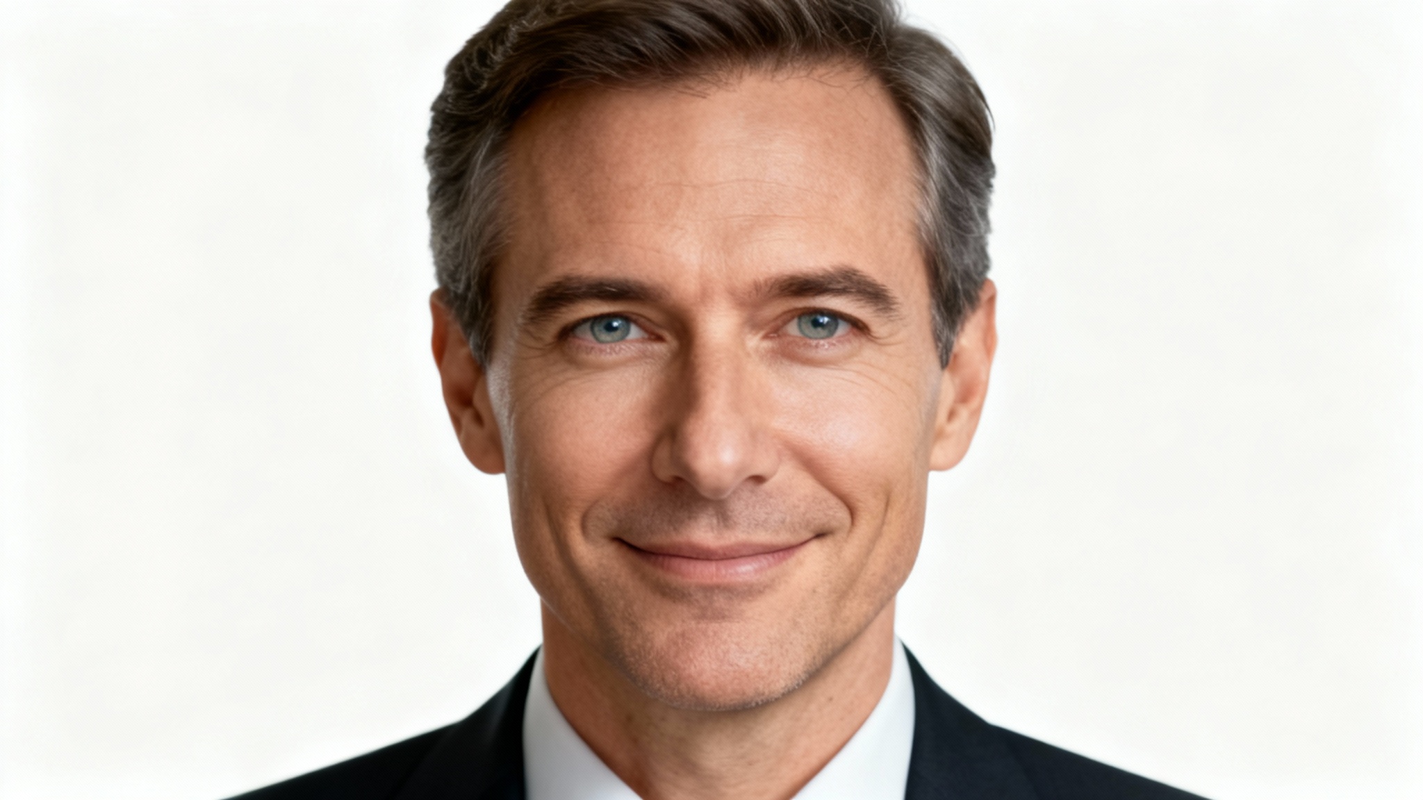 A professional headshot of a man smiling and making perfect, direct eye contact with the camera, demonstrating the effect of eye contact correction.