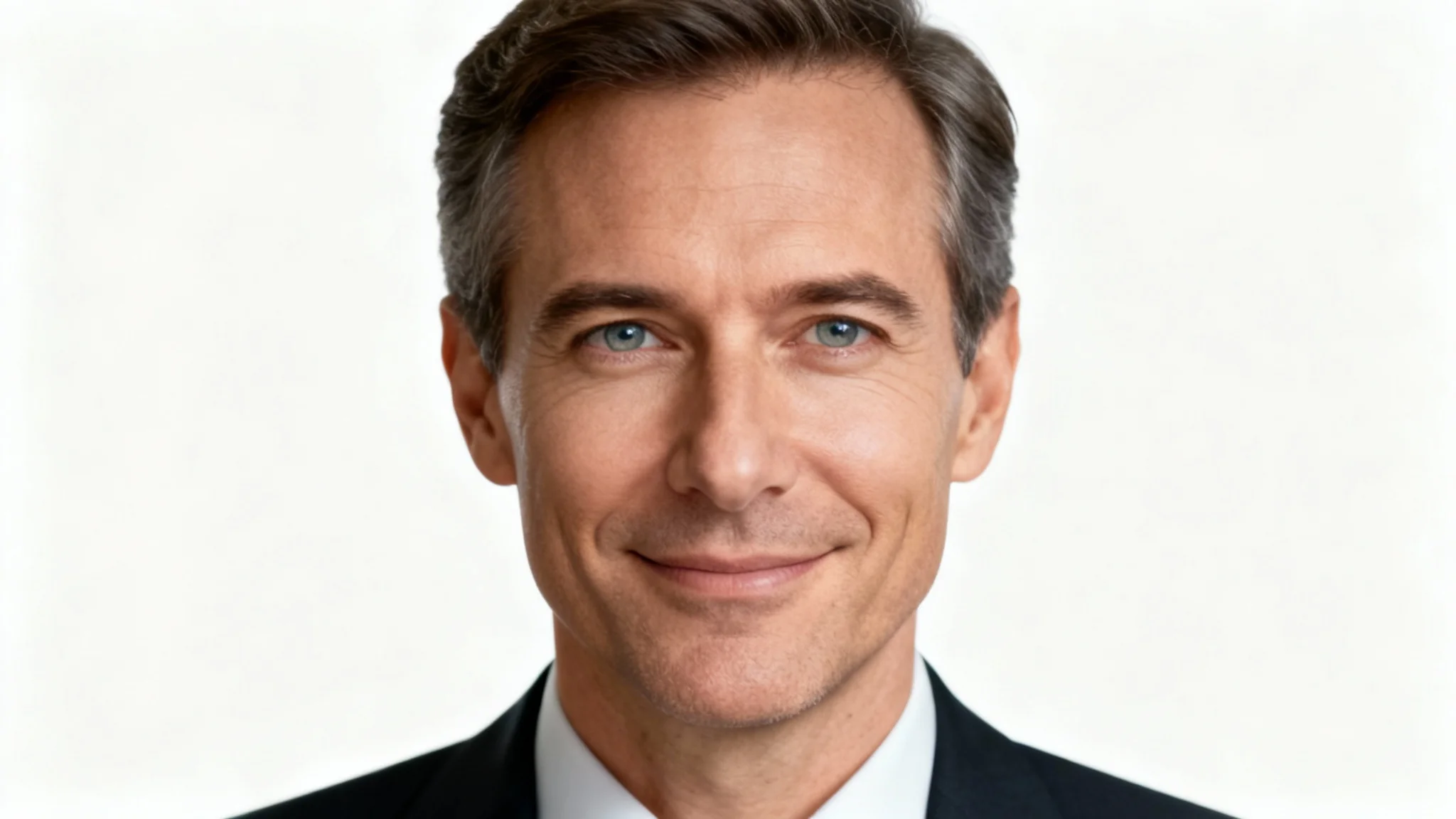A professional headshot of a man smiling and making perfect, direct eye contact with the camera, demonstrating the effect of eye contact correction.