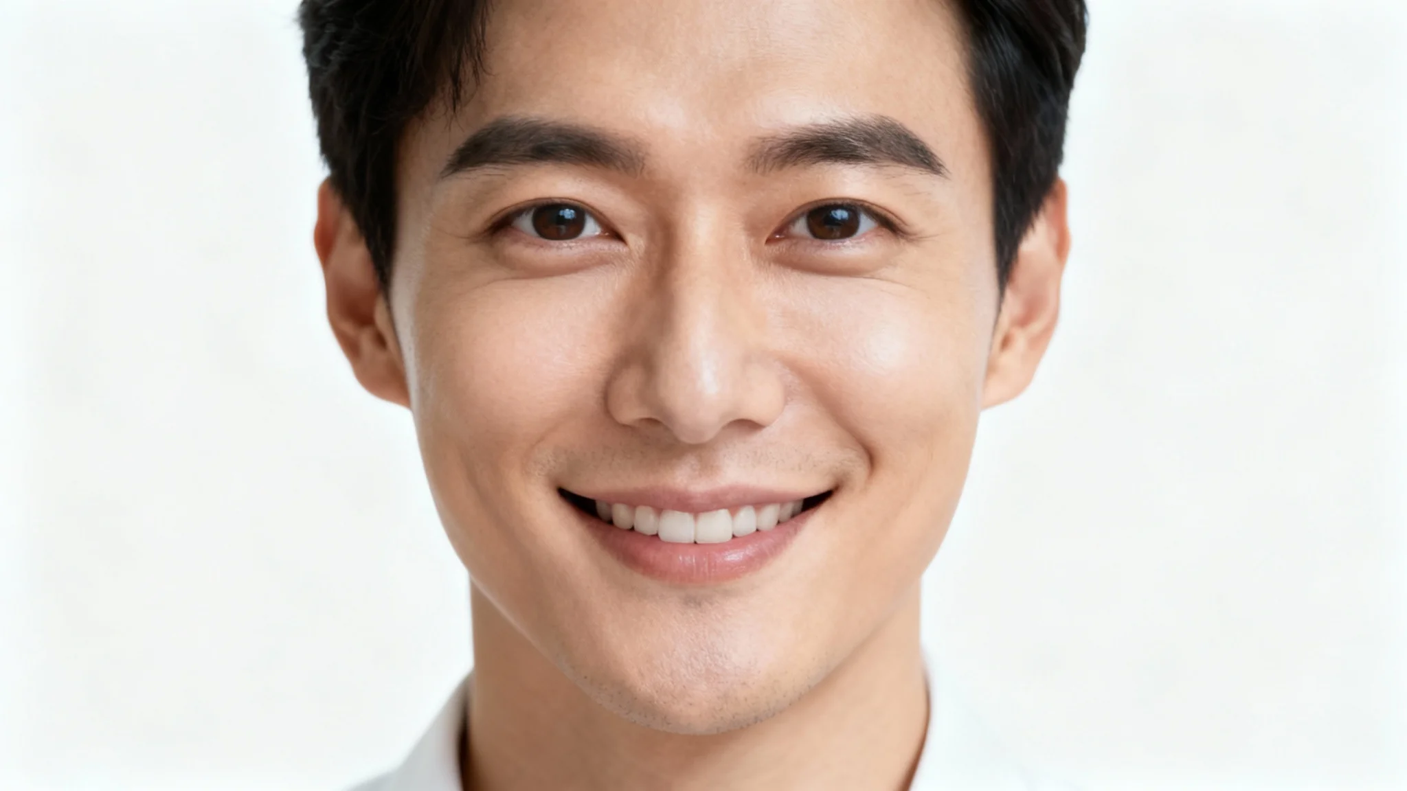A professional headshot of a person smiling warmly and making direct, engaging eye contact with the viewer against a plain white background, illustrating the effect of eye contact correction.