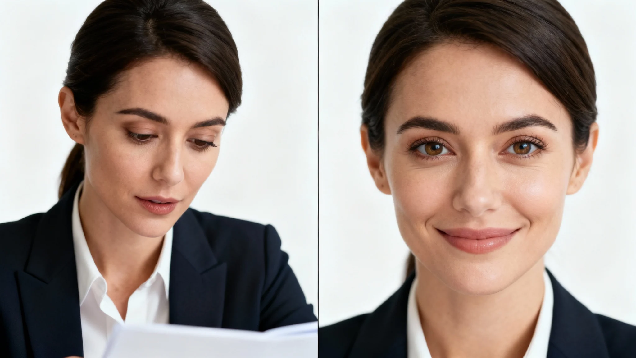 A side-by-side comparison image showing the effect of eye contact correction. On the left, a woman on a video call looks away from the camera. On the right, her gaze is corrected to look directly at the viewer, creating a more engaging connection.