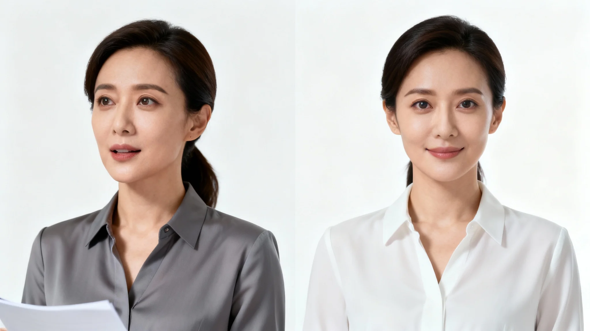 A before-and-after comparison image demonstrating eye contact correction. The left side shows a woman not looking at the camera, while the right side shows the same woman making direct, engaging eye contact.