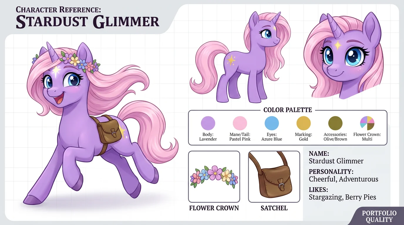 A professionally designed 16:9 character sheet for a lavender pony named Stardust Glimmer. The sheet includes multiple drawings of the pony, a color palette, and text details about its personality and name.