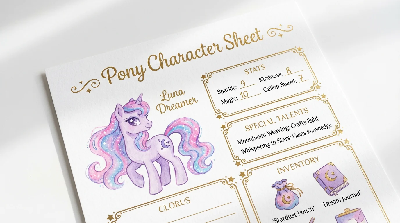 A whimsical pony character sheet mockup on a white background. The sheet, for a character named 'Luna Dreamer', features a portrait of a purple pony and sections for stats and talents like 'Moonbeam Weaving' in a dreamy pastel color palette.