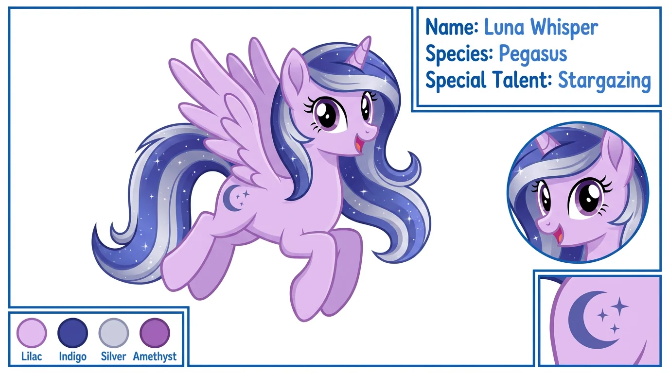 A character sheet for a cartoon pony named Luna Whisper. The sheet displays the lilac-colored pegasus, her cutie mark, and character details like name and special talent against a plain white background.