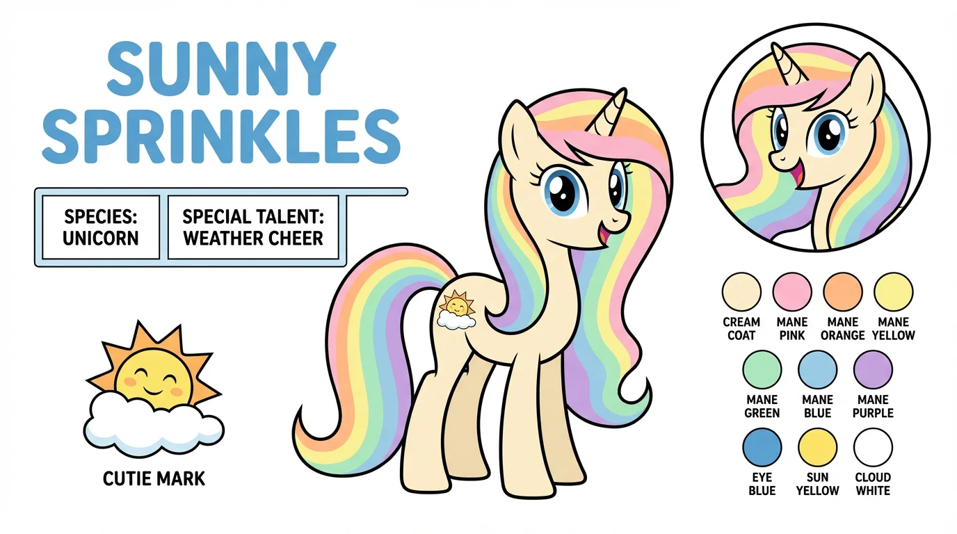 A professionally designed character reference sheet for a cute unicorn pony named Sunny Sprinkles. The sheet, set against a white background, shows the pony, her color palette, and details like her name and special talent in a clean, organized layout.