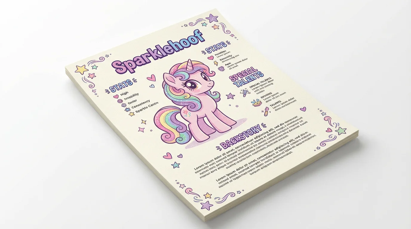 A beautifully illustrated pony character sheet mockup for a character named 'Sparklehoof', laid flat on a clean white background, showcasing a whimsical and magical design.