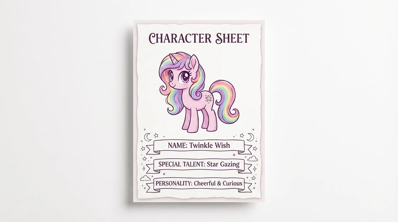 A vibrant and colorful pony character sheet mockup featuring a cute pink pony with a rainbow mane, displayed on a clean white background.