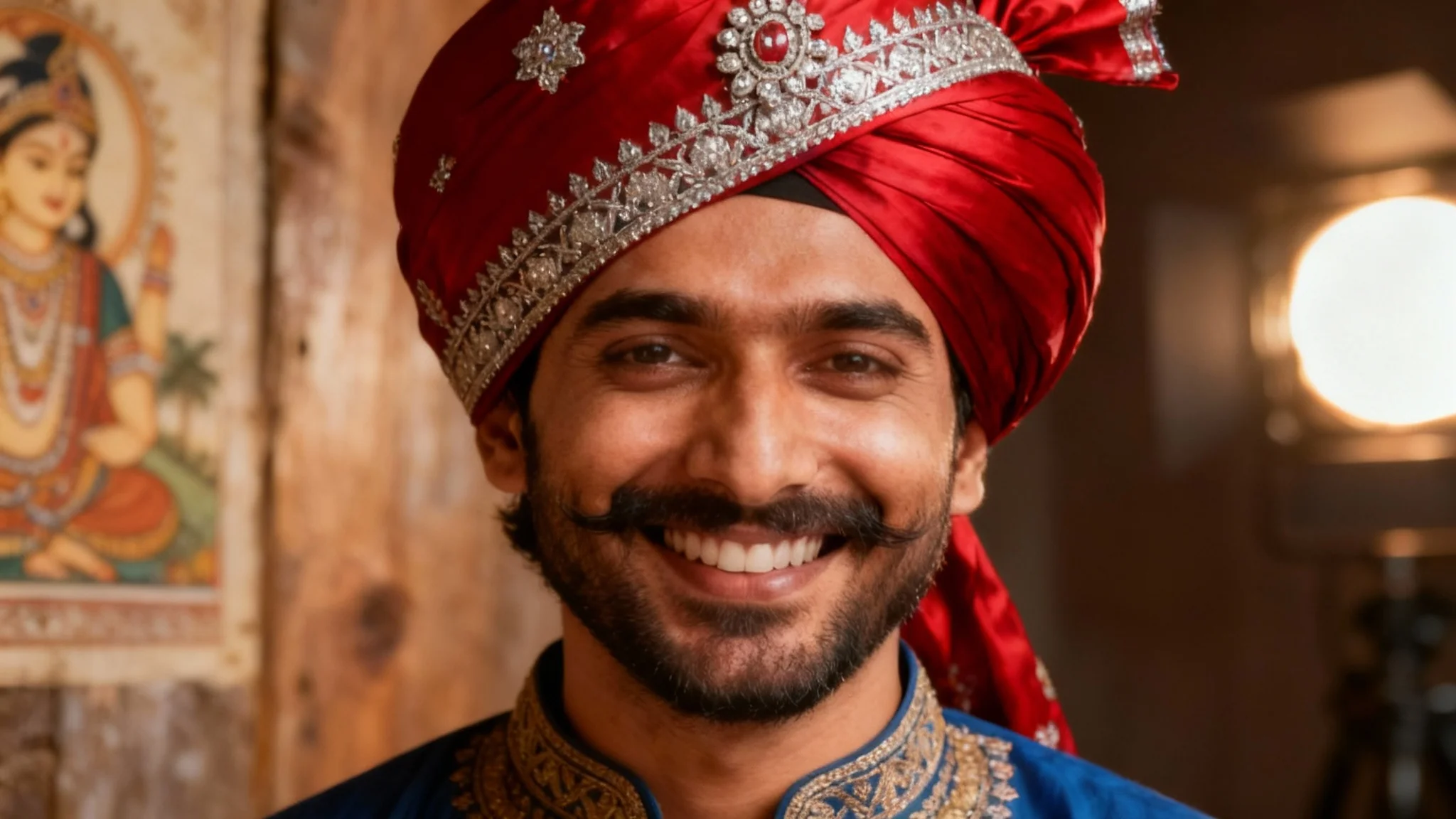 A polished portrait of a smiling man after using a turban photo editor, showcasing a beautifully designed royal red and silver turban digitally and seamlessly added to his photo.
