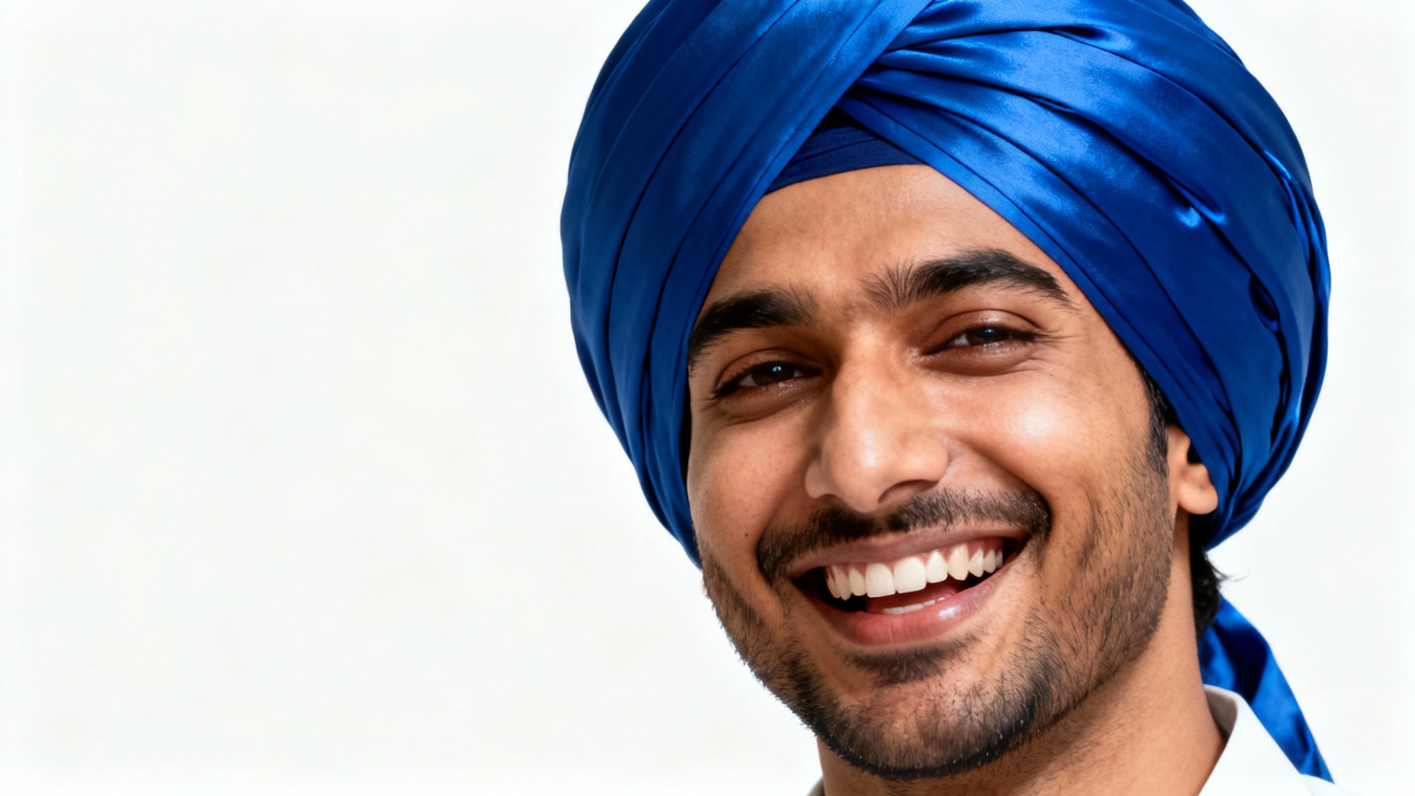 A photorealistic portrait of a smiling man wearing an elegant royal blue turban, set against a clean white background, demonstrating the result of a turban photo editor.