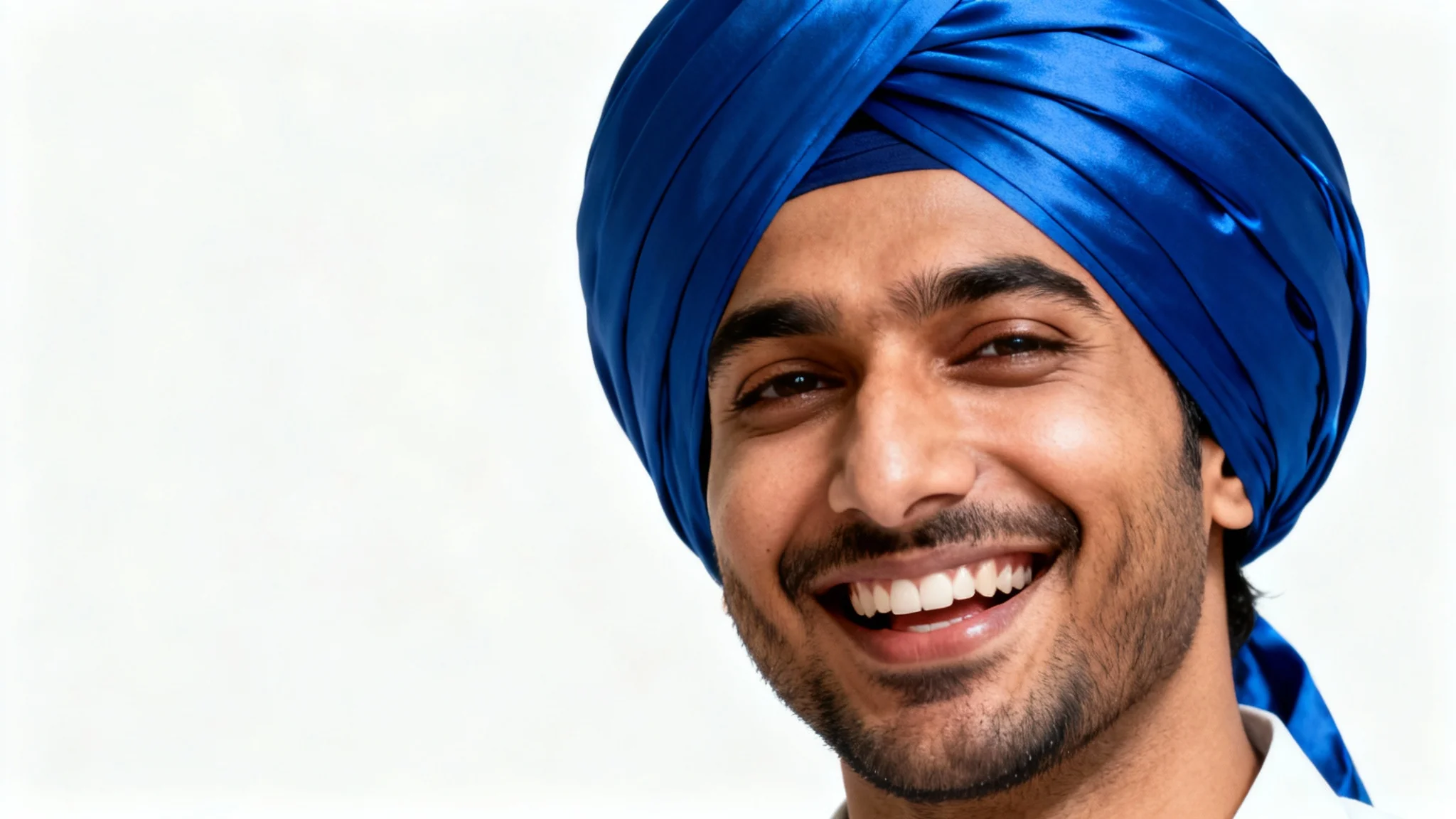 A photorealistic portrait of a smiling man wearing an elegant royal blue turban, set against a clean white background, demonstrating the result of a turban photo editor.