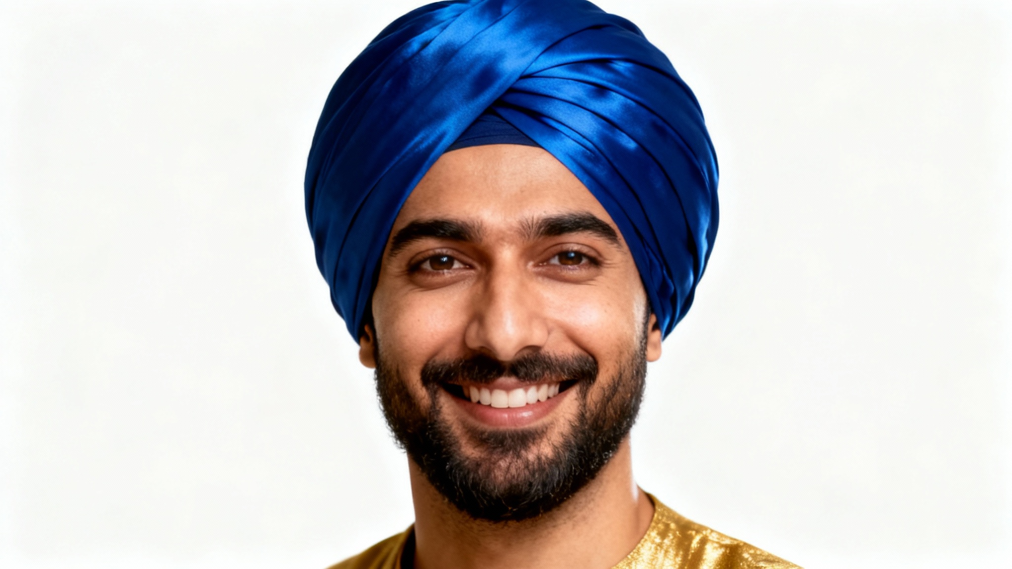 A high-quality portrait of a smiling man with a beard, wearing an elegant royal blue turban against a clean white background.