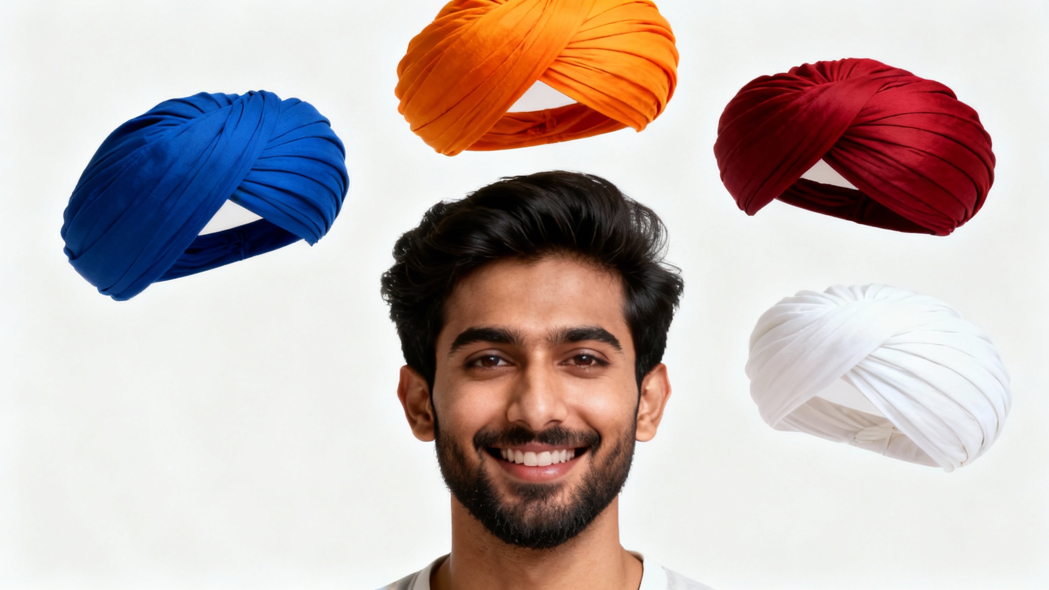 A man smiling at the camera with four different styles and colors of turbans floating around his head against a white background, illustrating the options of a turban photo editor.