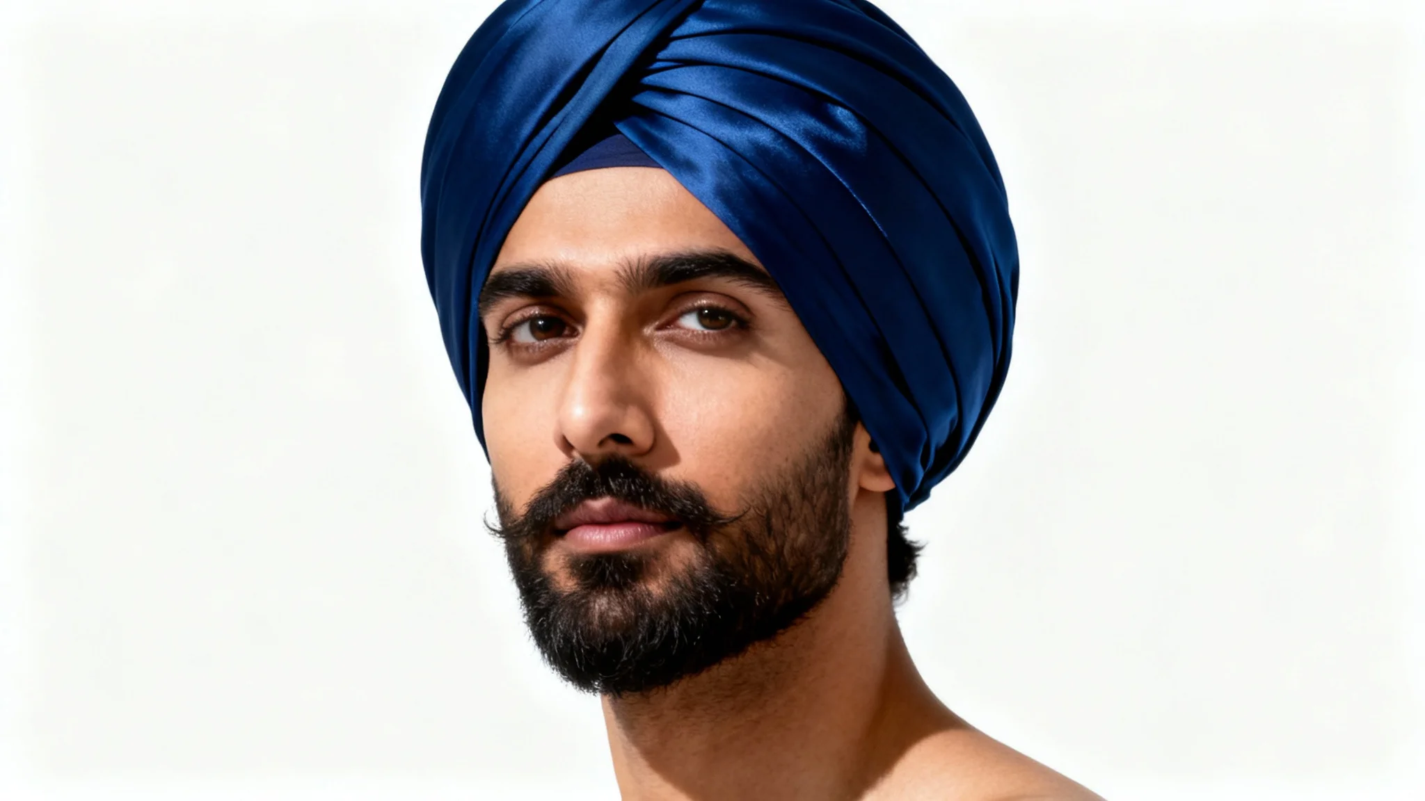 A high-fashion studio portrait of a handsome man wearing a perfectly wrapped, deep blue turban and looking confidently at the camera against a stark white background.