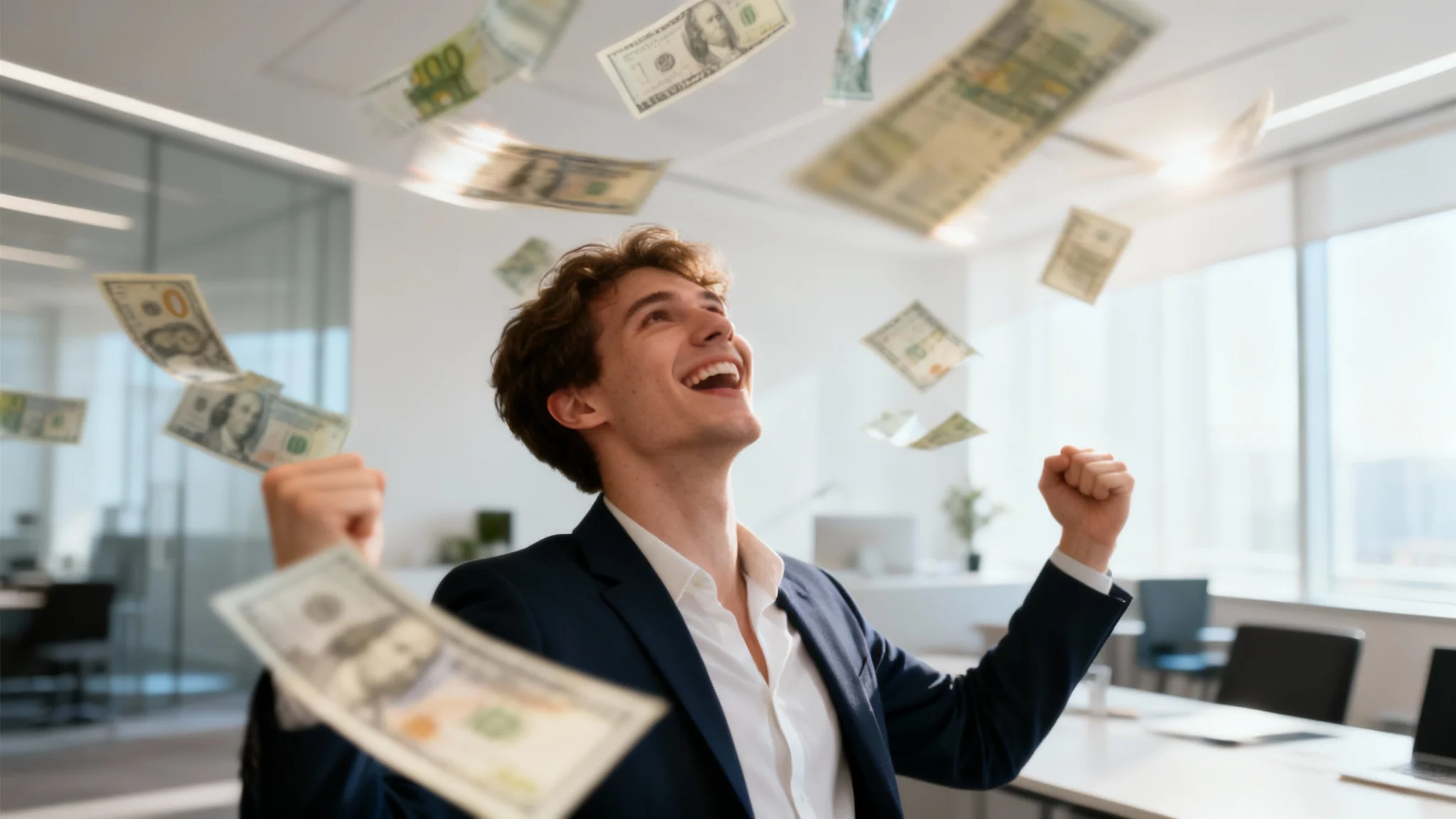 An ecstatic person celebrating in a modern office as a shower of hundred-dollar bills rains down around them, showcasing a money rain effect on a photo.