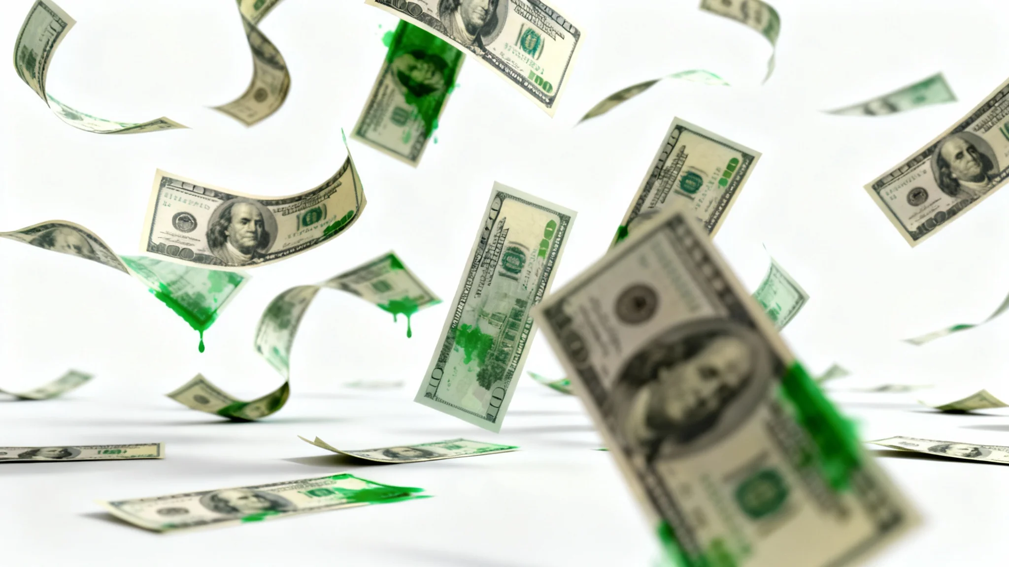 A photorealistic image of hundred-dollar bills raining down against a clean white background, creating a money rain effect.