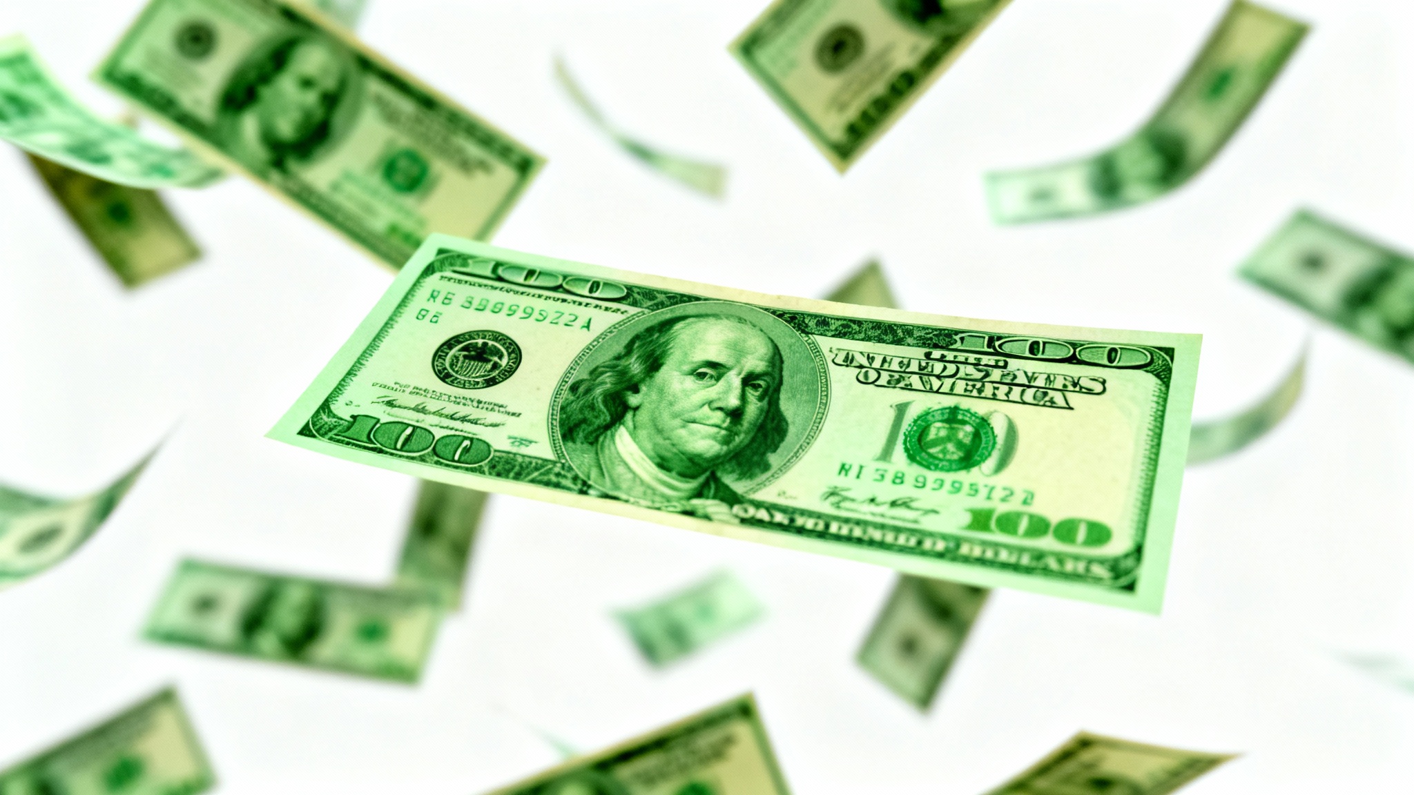 An exciting, high-resolution image of hundred-dollar bills raining down against a clean white background, symbolizing wealth and success.