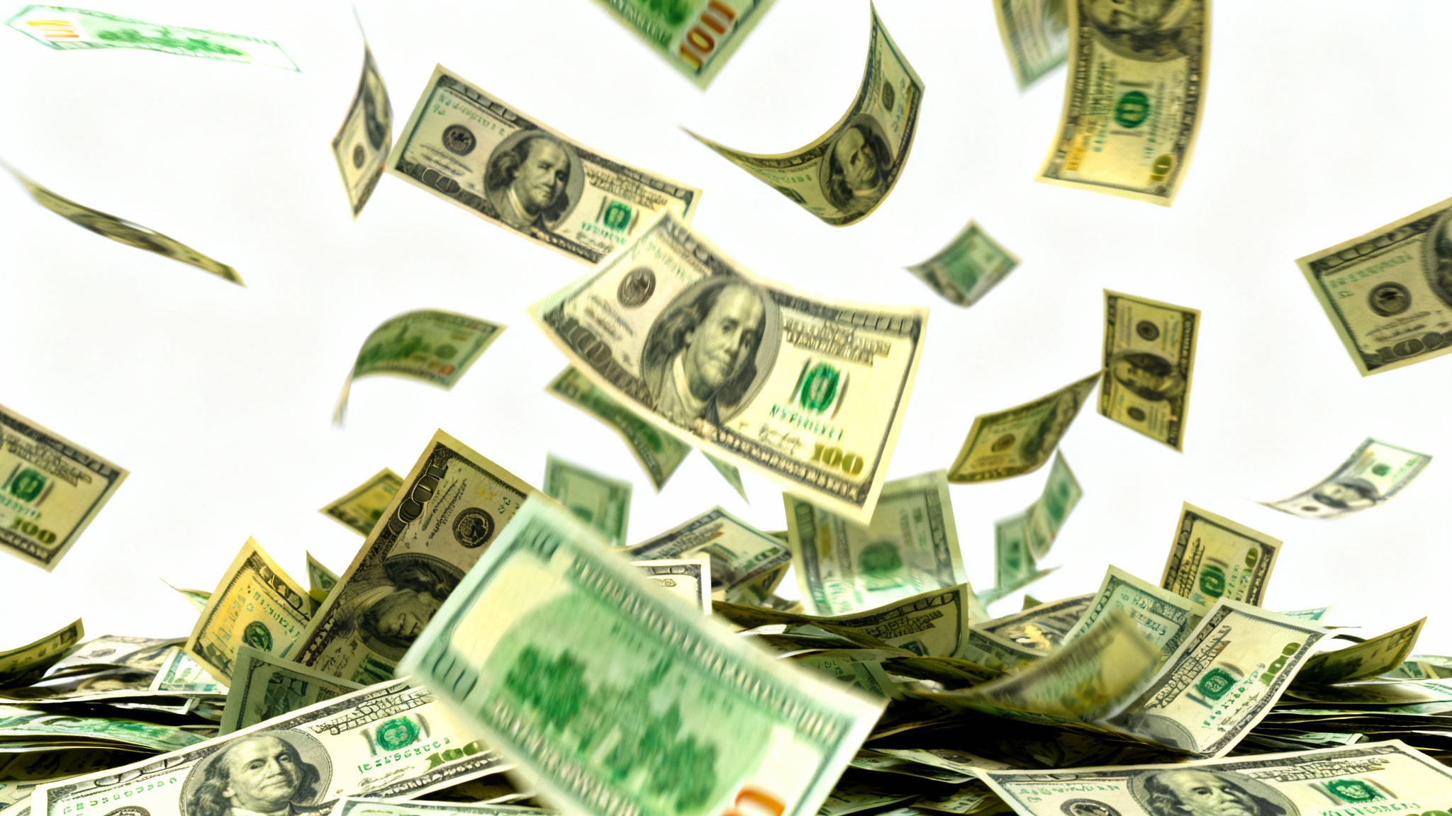 A photorealistic image depicting a vibrant shower of US hundred-dollar bills falling dynamically against a solid white background.