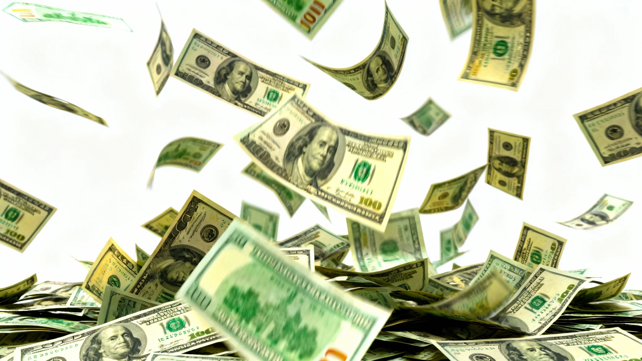 A photorealistic image depicting a vibrant shower of US hundred-dollar bills falling dynamically against a solid white background.
