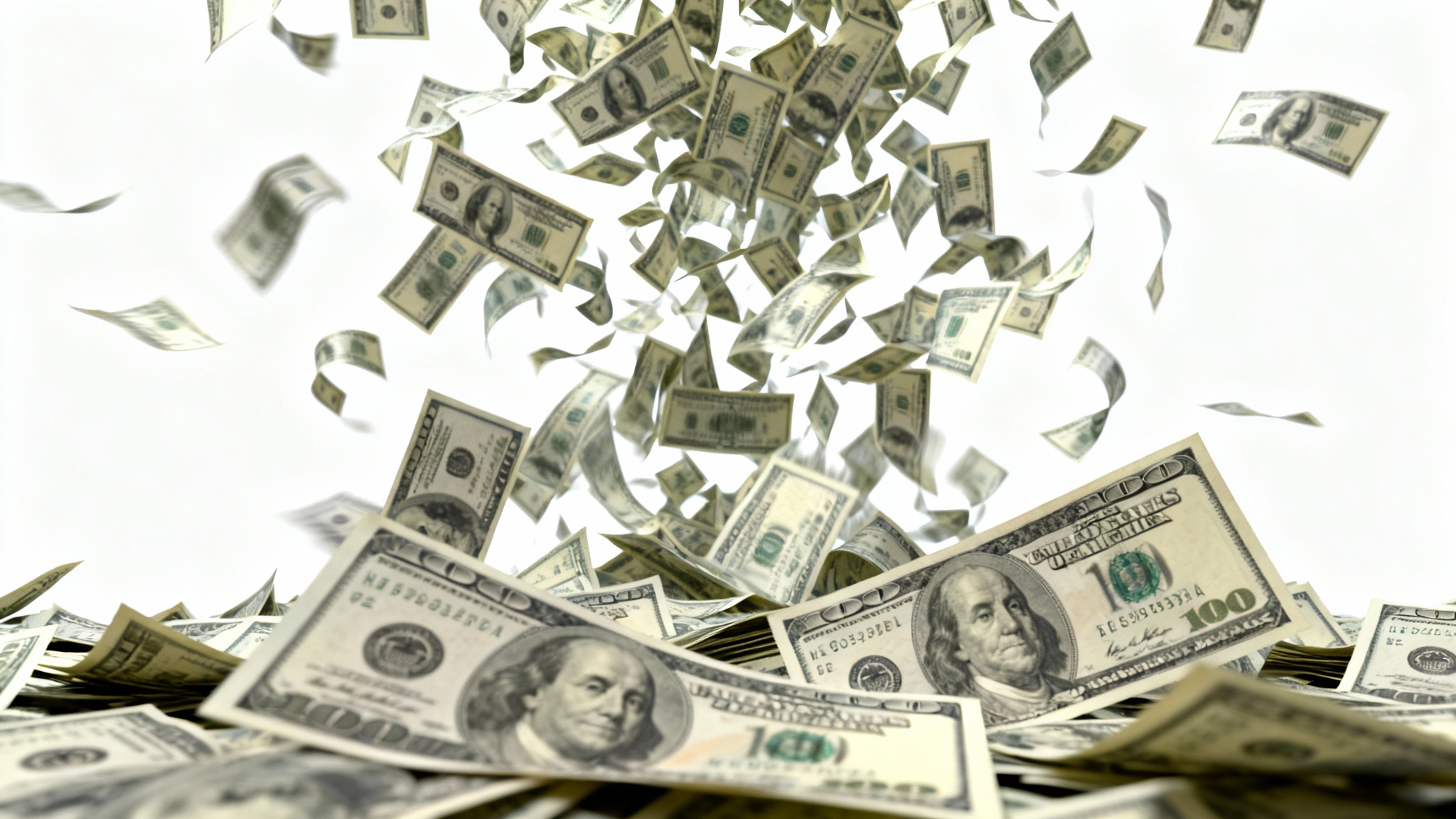 A photorealistic image of hundred-dollar bills raining down against a clean white background, illustrating a money rain effect.