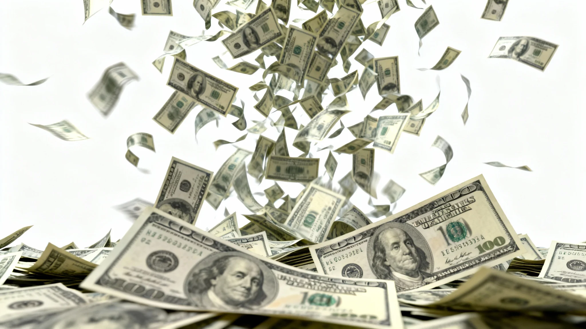 A photorealistic image of hundred-dollar bills raining down against a clean white background, illustrating a money rain effect.