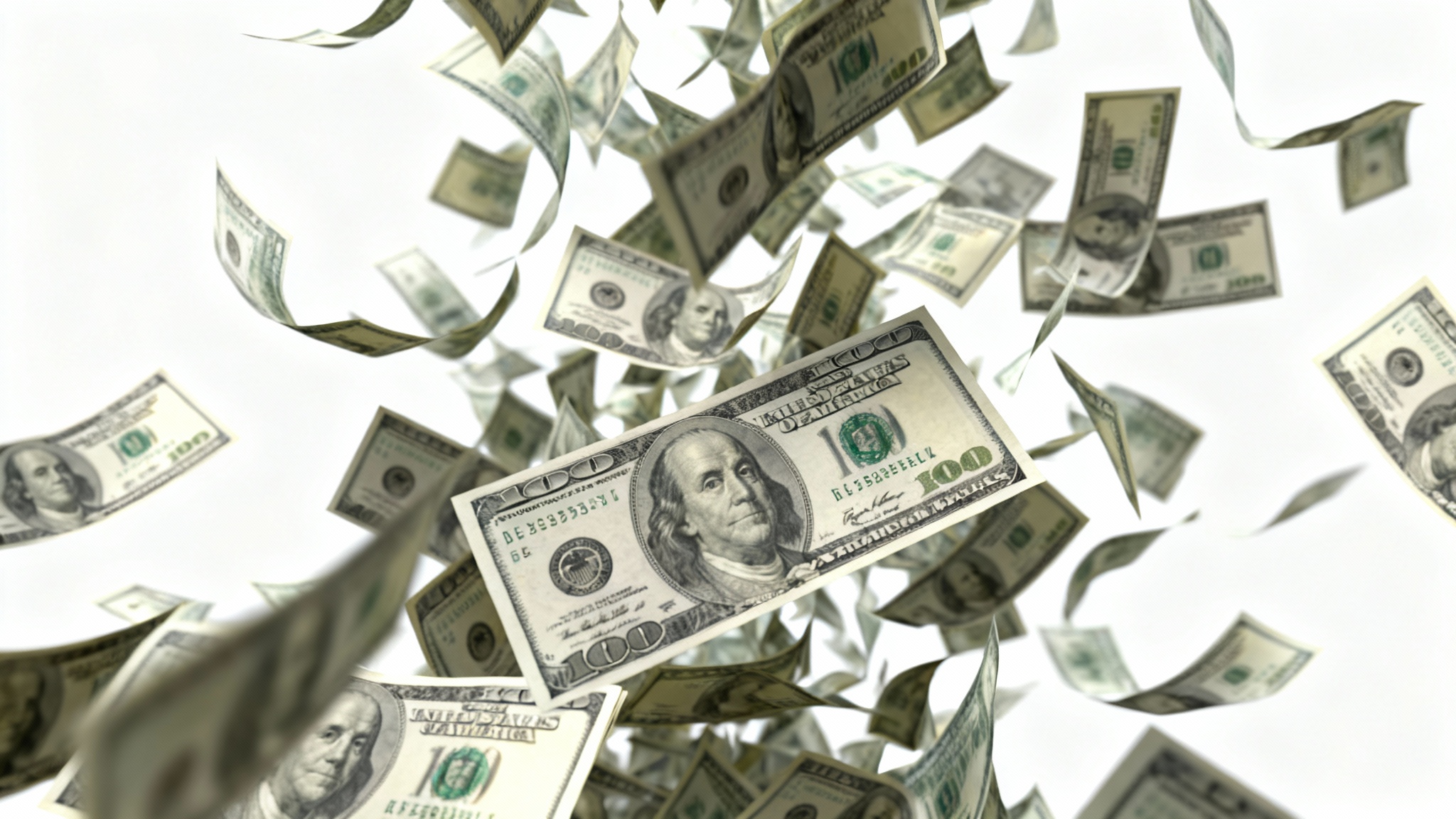 A photorealistic image of a shower of hundred-dollar bills falling dynamically against a clean white background, conveying a sense of wealth and abundance.