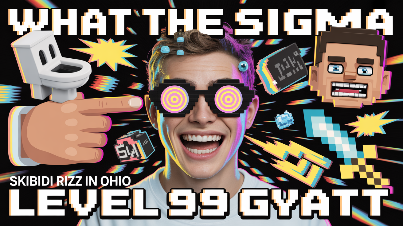 A finished 'brainrot' meme design showing a chaotic collage with a distorted face, characters from Skibidi Toilet, and bold text that reads 'WHAT THE SIGMA?' and 'SKIBIDI RIZZ IN OHIO', representing the final output of a meme generator tool.