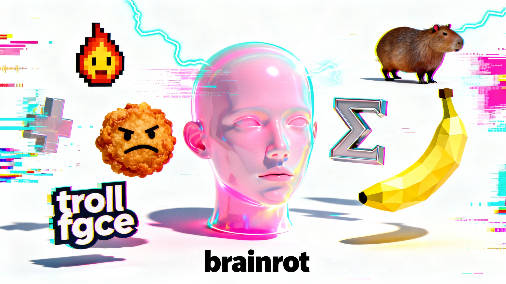 A chaotic digital art collage representing brainrot meme culture. A central glowing head is surrounded by floating objects like a capybara, a fire emoji, and a sigma symbol, all on a stark white background with heavy glitch effects and neon colors.