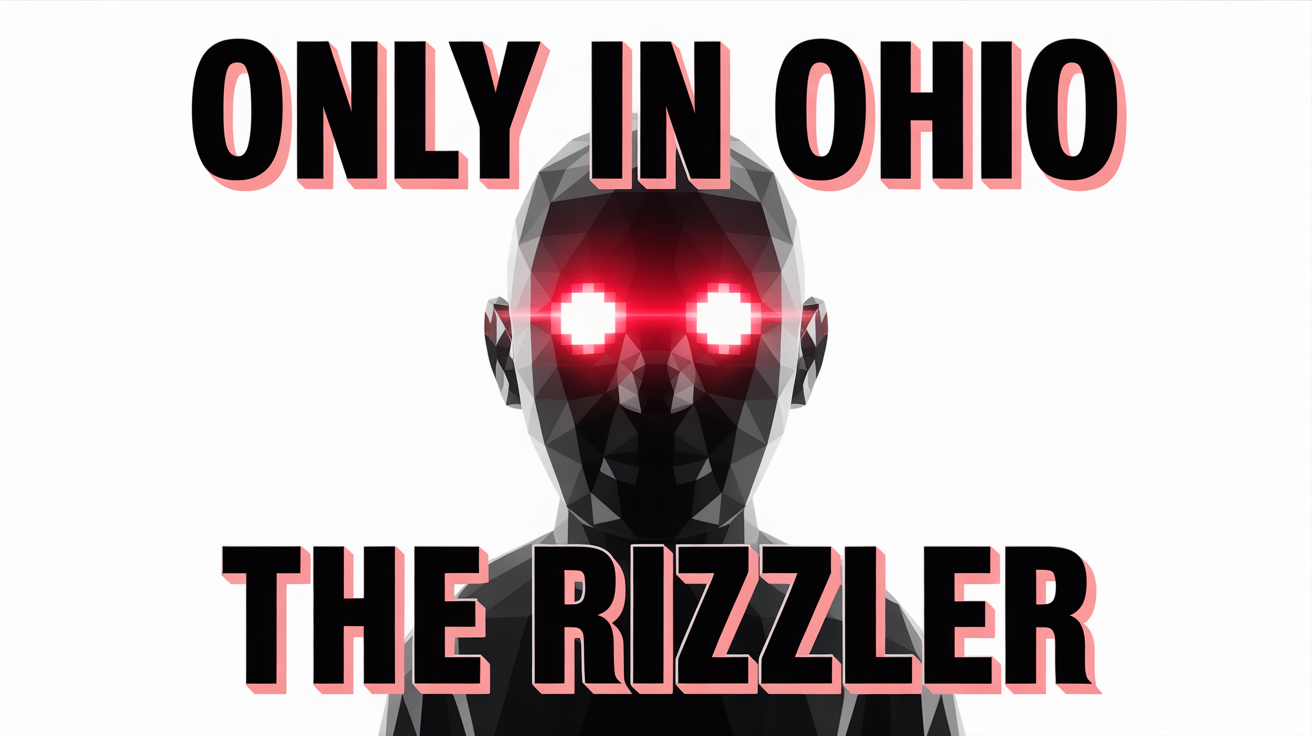 A mockup of a 'brainrot' meme showing a distorted character with glowing red eyes. The image is low-quality and has text that reads 'ONLY IN OHIO' and 'THE RIZZLER'.