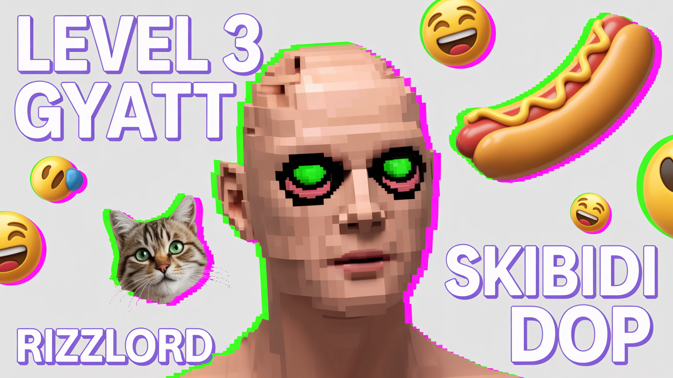 A chaotic digital collage representing a 'brainrot' meme, featuring a low-poly 3D head with glowing eyes, a distorted cat, a spinning hot dog, and nonsensical text like 'LEVEL 3 GYATT' and 'RIZZLORD', all set against a plain white background.