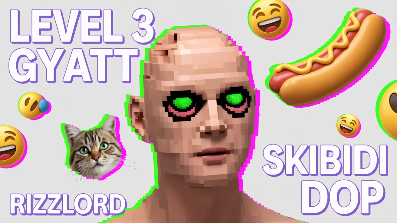 A chaotic digital collage representing a 'brainrot' meme, featuring a low-poly 3D head with glowing eyes, a distorted cat, a spinning hot dog, and nonsensical text like 'LEVEL 3 GYATT' and 'RIZZLORD', all set against a plain white background.
