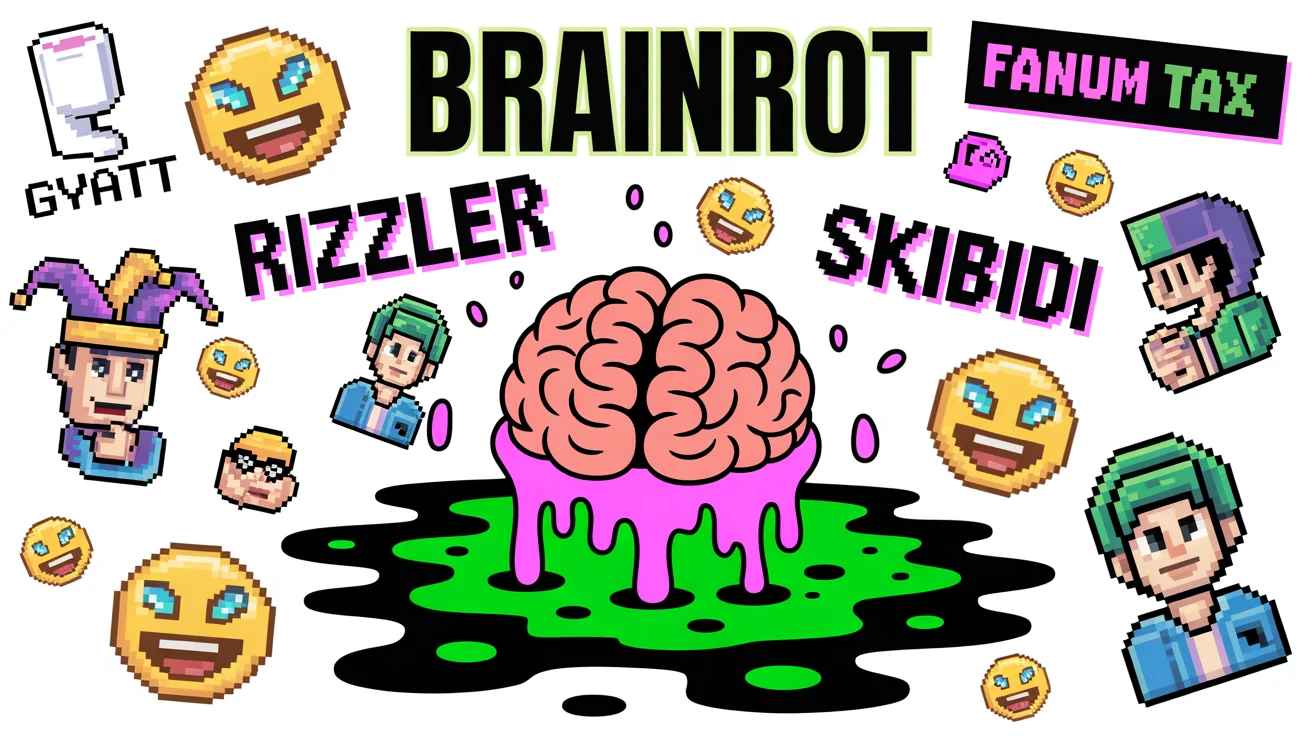 An illustration representing 'brainrot' internet culture, featuring a melting cartoon brain surrounded by a chaotic collage of meme characters, emojis, and slang terms like 'gyatt' and 'skibidi' in bright, neon colors.