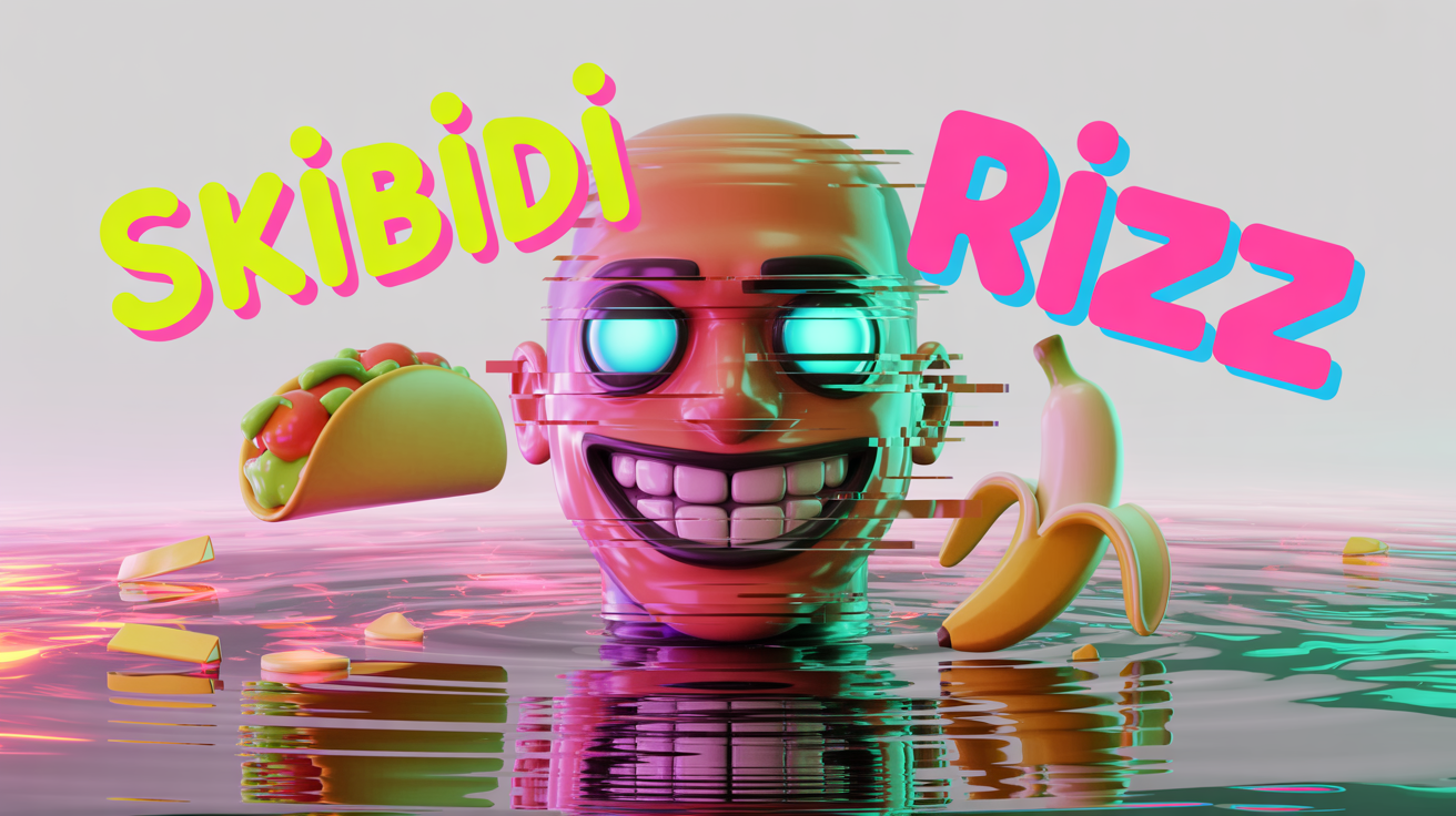 A chaotic 'brainrot' meme featuring a distorted 3D head with glowing eyes, surrounded by random objects and glitch effects. The words 'SKIBIDI' and 'RIZZ' are written in bold, neon letters. The entire meme is presented on a white background.