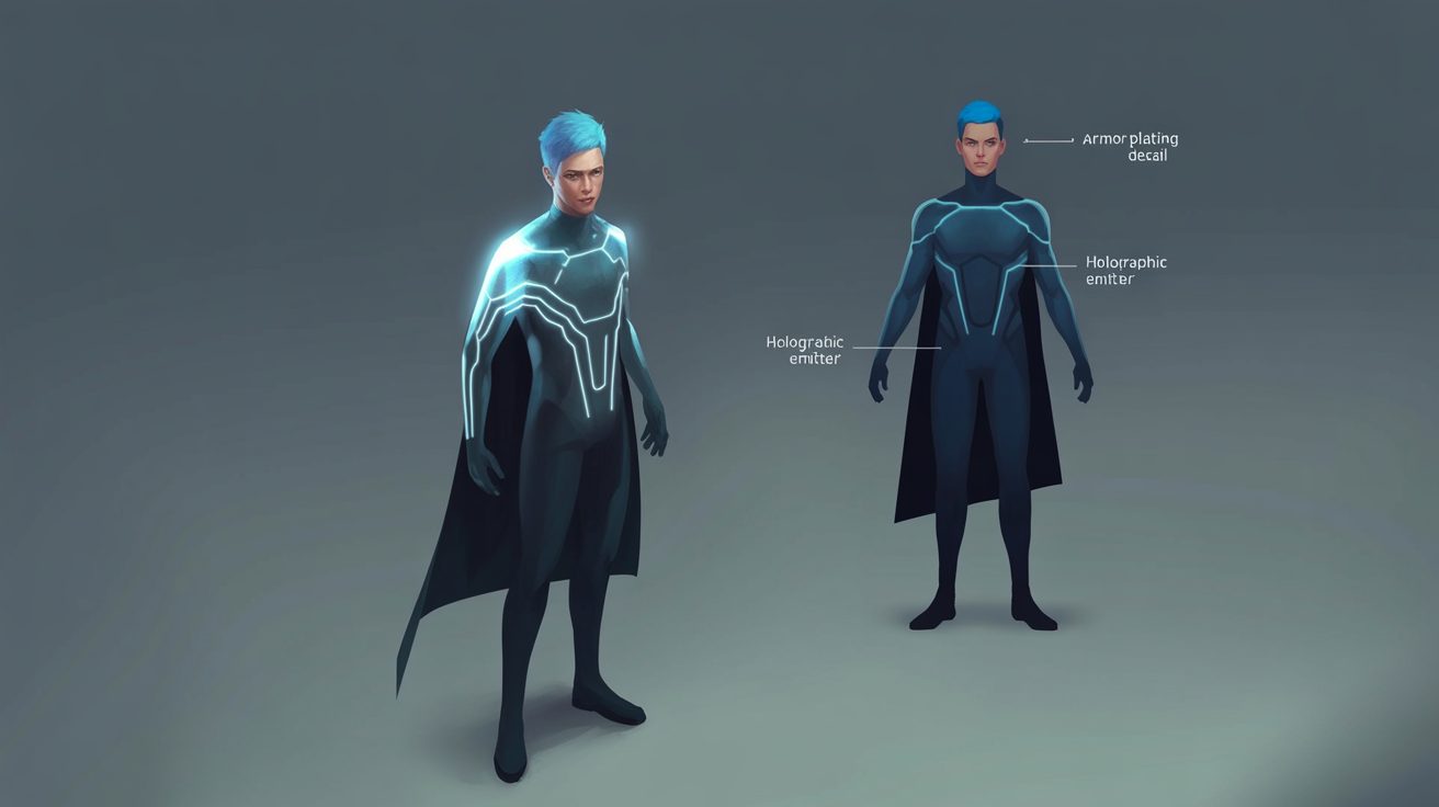 A digital costume design sheet showing the final result. On the left, a futuristic character with blue hair poses in glowing armor. On the right, front and back views of the costume are shown on a white background with detailed annotation callouts.