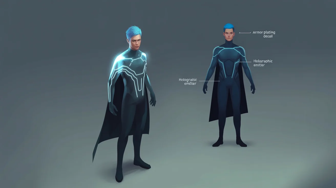 A digital costume design sheet showing the final result. On the left, a futuristic character with blue hair poses in glowing armor. On the right, front and back views of the costume are shown on a white background with detailed annotation callouts.