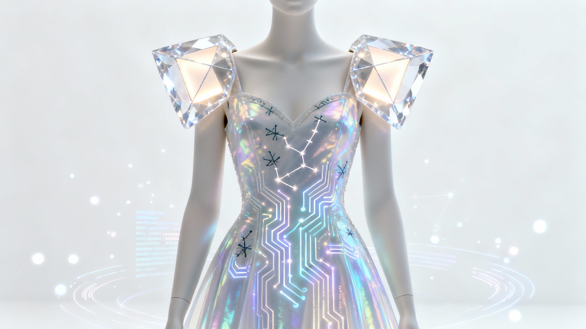 A futuristic digital costume design displayed on a sleek mannequin against a white background. The costume is made of holographic, glowing material with circuit-like patterns, conveying a high-tech, fantasy aesthetic.